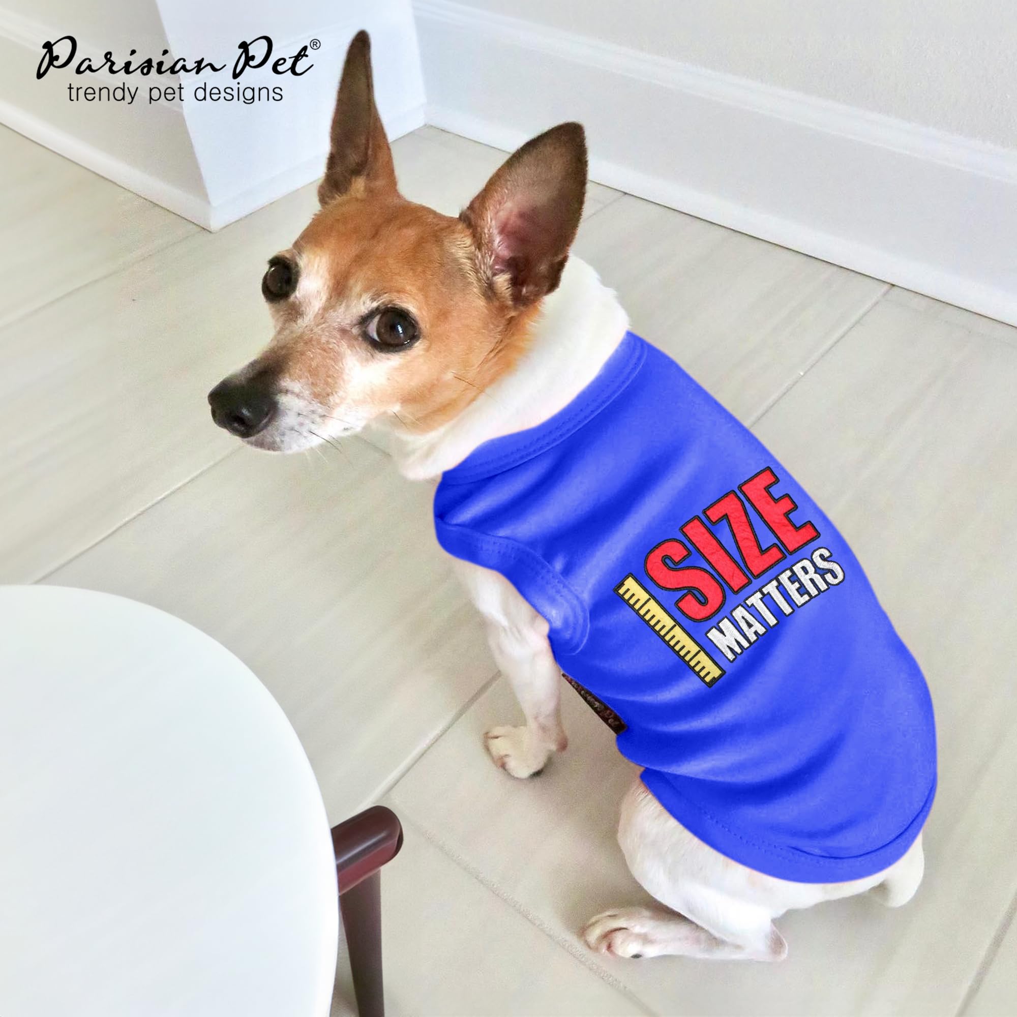 Parisian Pet Dog T-Shirt - Embroidered 'Size Matters' Cotton Sleeveless Tee - Lightweight & Machine Washable Dog Clothes for Medium Breeds - Perfect for Summer Walks & Outdoor Adventures
