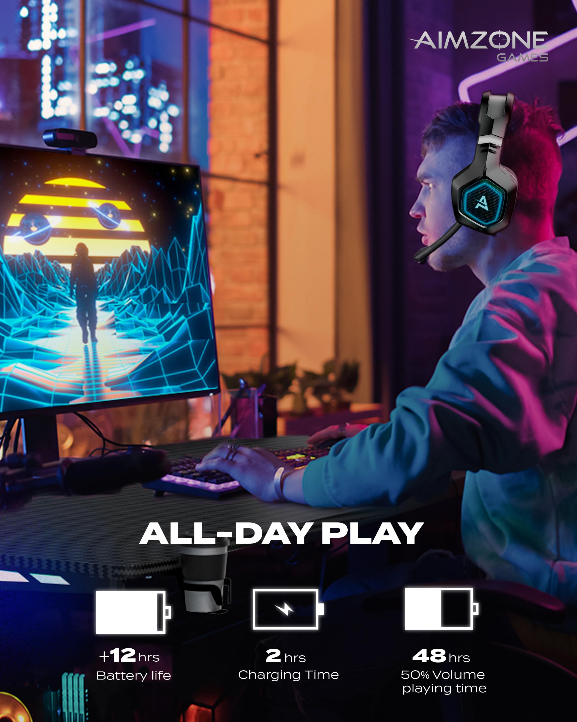 Aimzone Wireless Gaming Headset with Noise Canceling Mic - Bluetooth & 2.4GHz Dual Mode, 7.1 Surround Sound, Memory Foam Earcups, LED Lights for PC/PS5/Xbox/Switch/Mobile Gaming (Black) - Perfect for Competitive Gaming & Late-Night Sessions