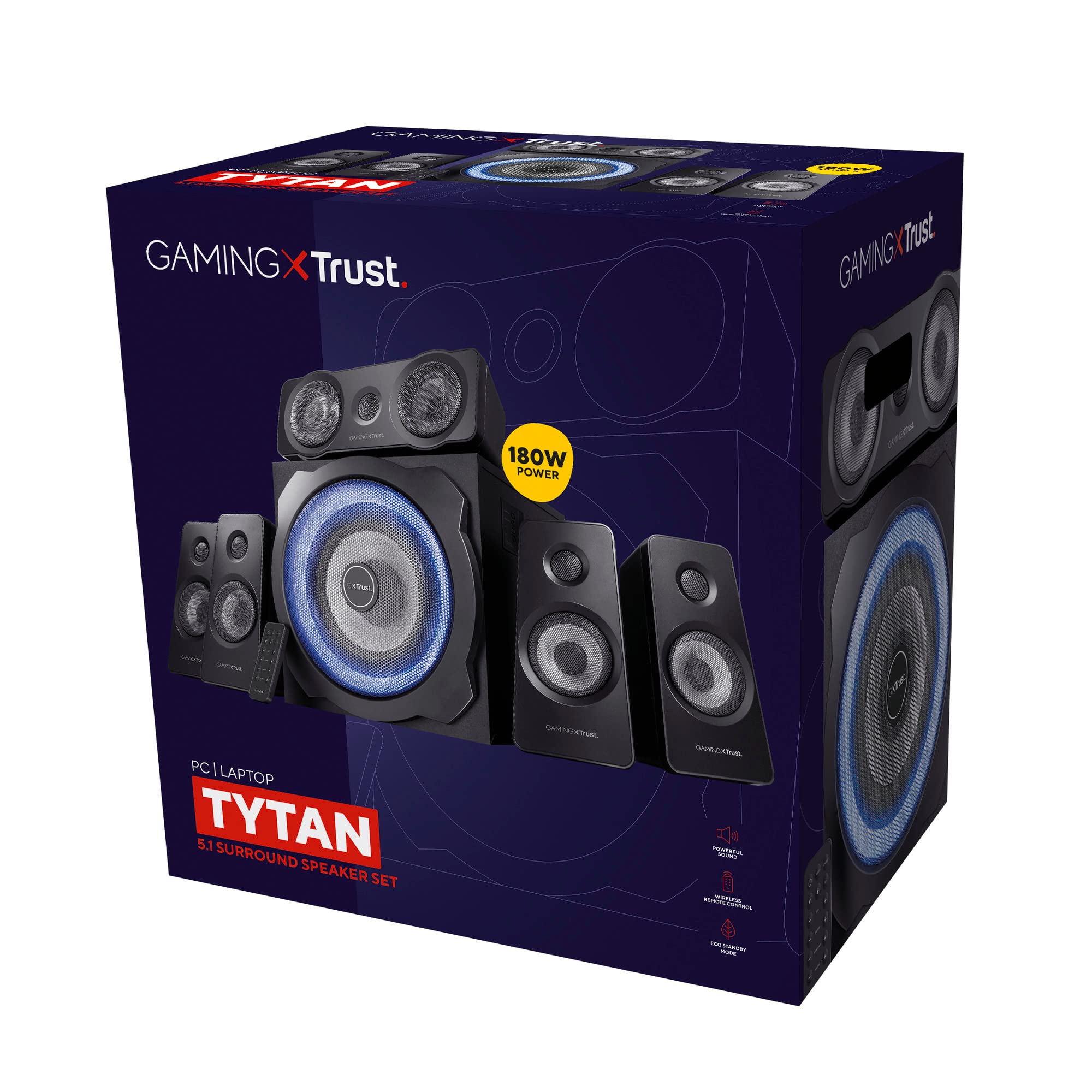 Trust Gaming GXT 658 Tytan 5.1 Surround Sound PC Speaker System with Subwoofer & LED Lighting - 180W (90W RMS) Black - Perfect for Gaming, Movies, Music on PC, Laptop, Console & TV