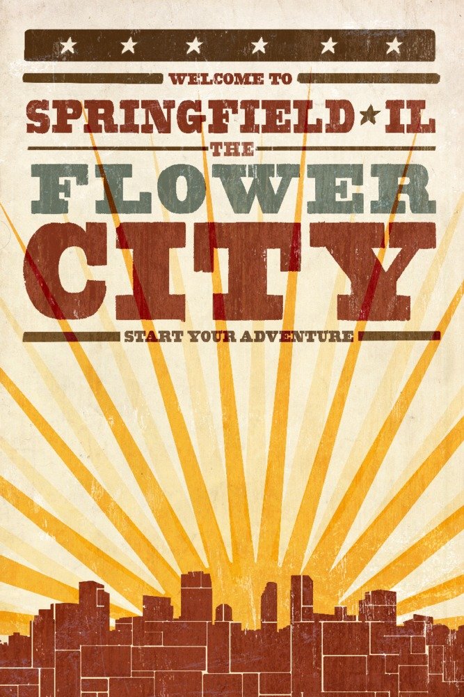 Springfield Illinois Skyline Sunburst Screenprint Art - 24x36 Signed Print Master Wall Decor Poster for Living Room, Office & Home Decor