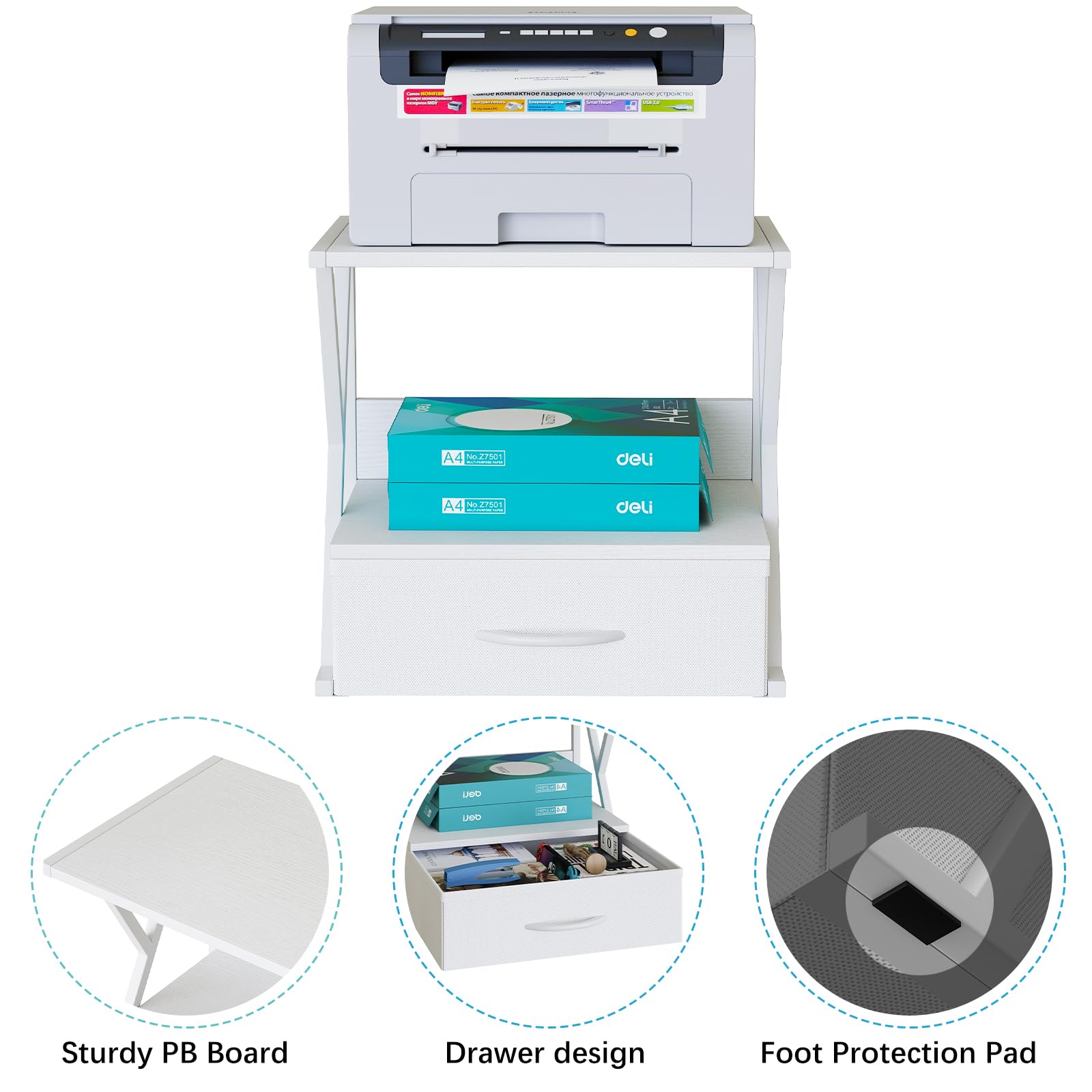 aboxoo 2-Tier Printer Stand with Storage Drawer - White Desktop & Under Desk Shelf Organizer for Fax Machine, 3D Printer, Scanner - Perfect for Home Office Workspace Organization