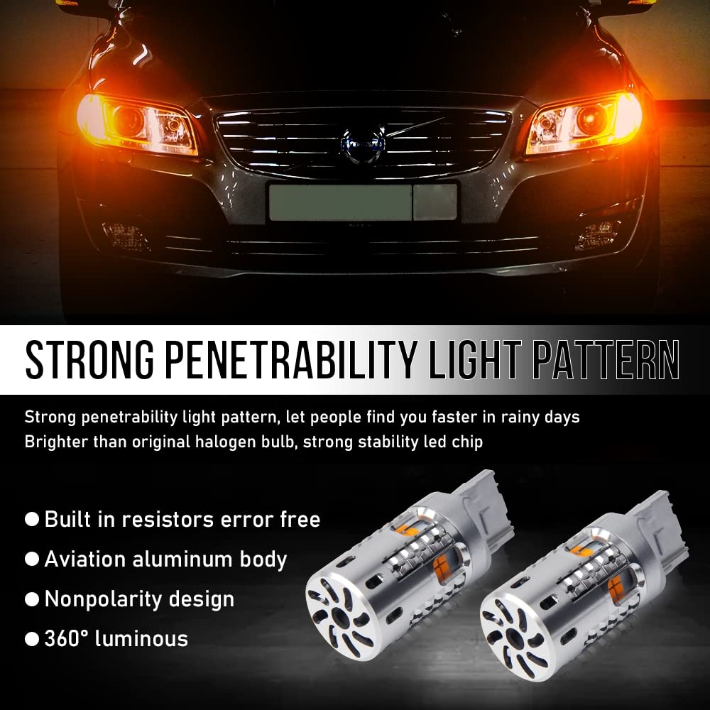 OPP ULITE 7440 LED Bulbs Amber - Error Free Canbus with Built-In Resistor, Plug N Play 360° Luminous Turn Signal Lights (7444NA T20 7441 WY21W W21W 12V 20-LED Switchback Bulbs) - 2PC Pack for Cars, Trucks, SUVs & Motorcycles