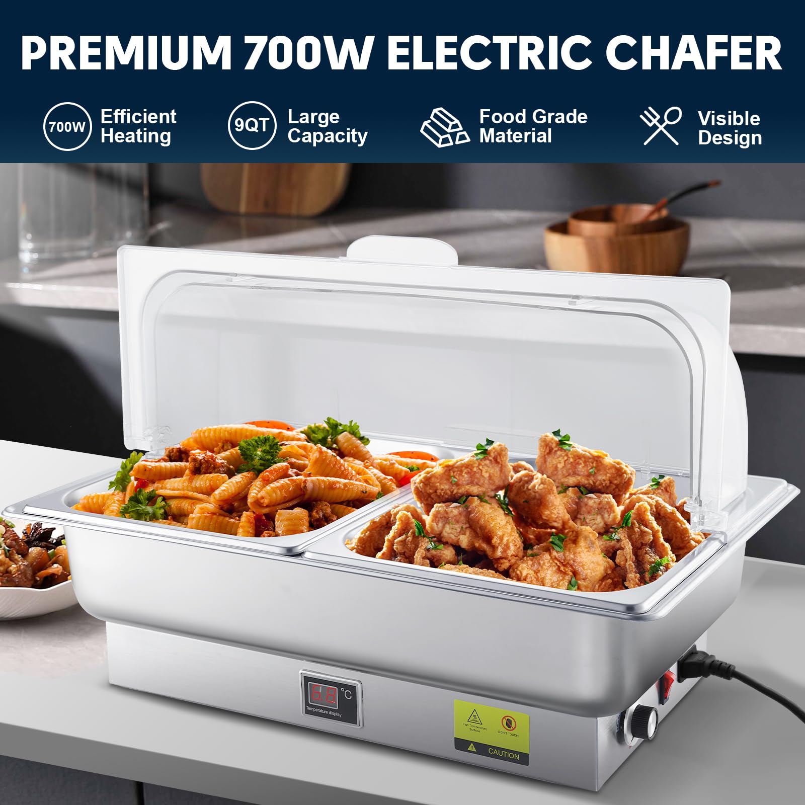Electric Chafing Dish Buffet Set - 2 x 4.5QT Half Size with Adjustable Temperature & Roll Top Lid - 700W Catering Warmers for Parties, Buffets & Events - Perfect for Restaurants, Weddings & Home Entertaining