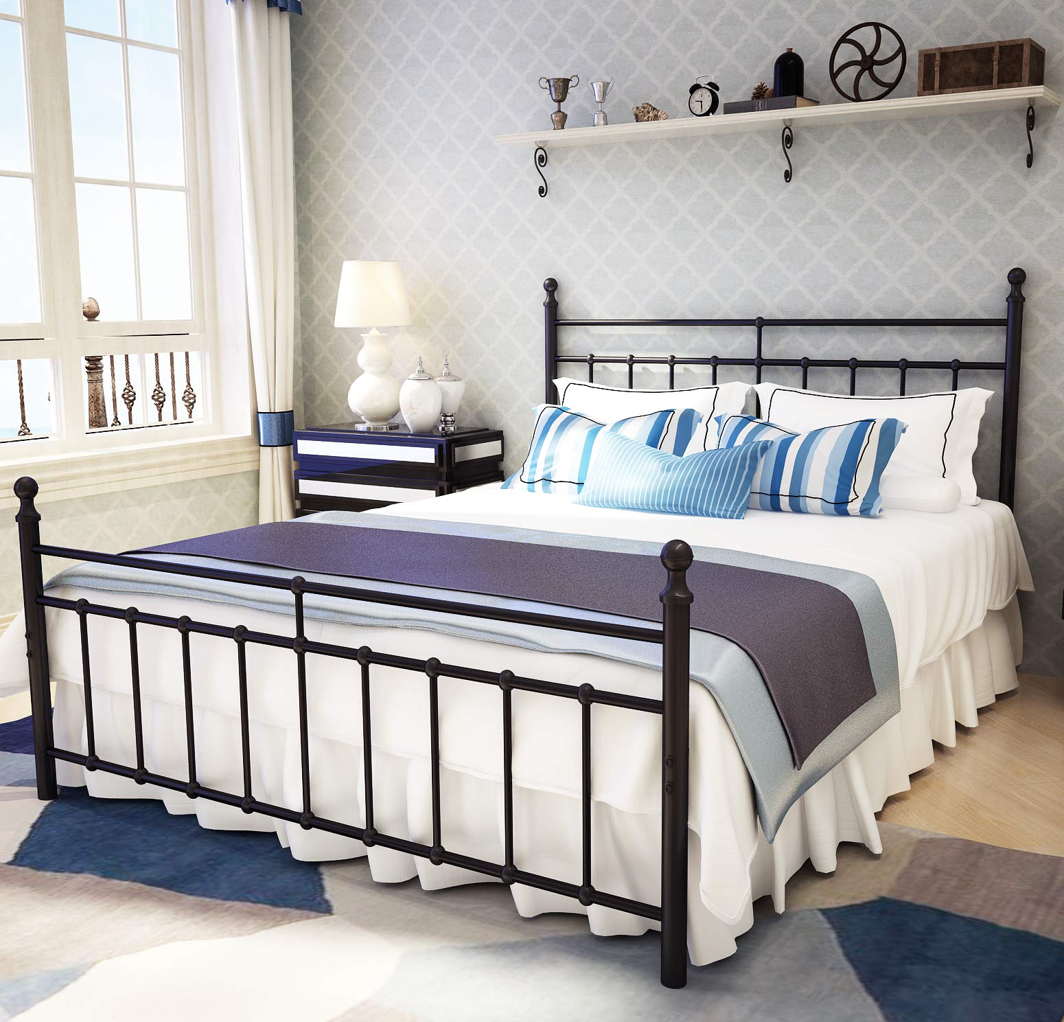 Vintage Wrought Iron Metal Bed Frame Queen Size with Headboard & Footboard - Sturdy Platform Base, Black - Perfect for Bedroom, Guest Room & Vintage Home Decor