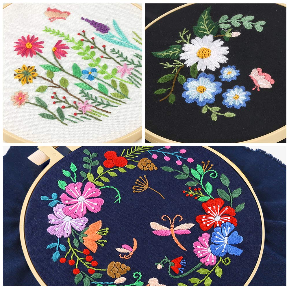 Cross Stitch Kits for Beginners & Adults - 3 Sets with Floral Embroidery Fabric, Hoop, Thread & Tools | DIY Home Decor, Gift Idea, Relaxing Craft Activity