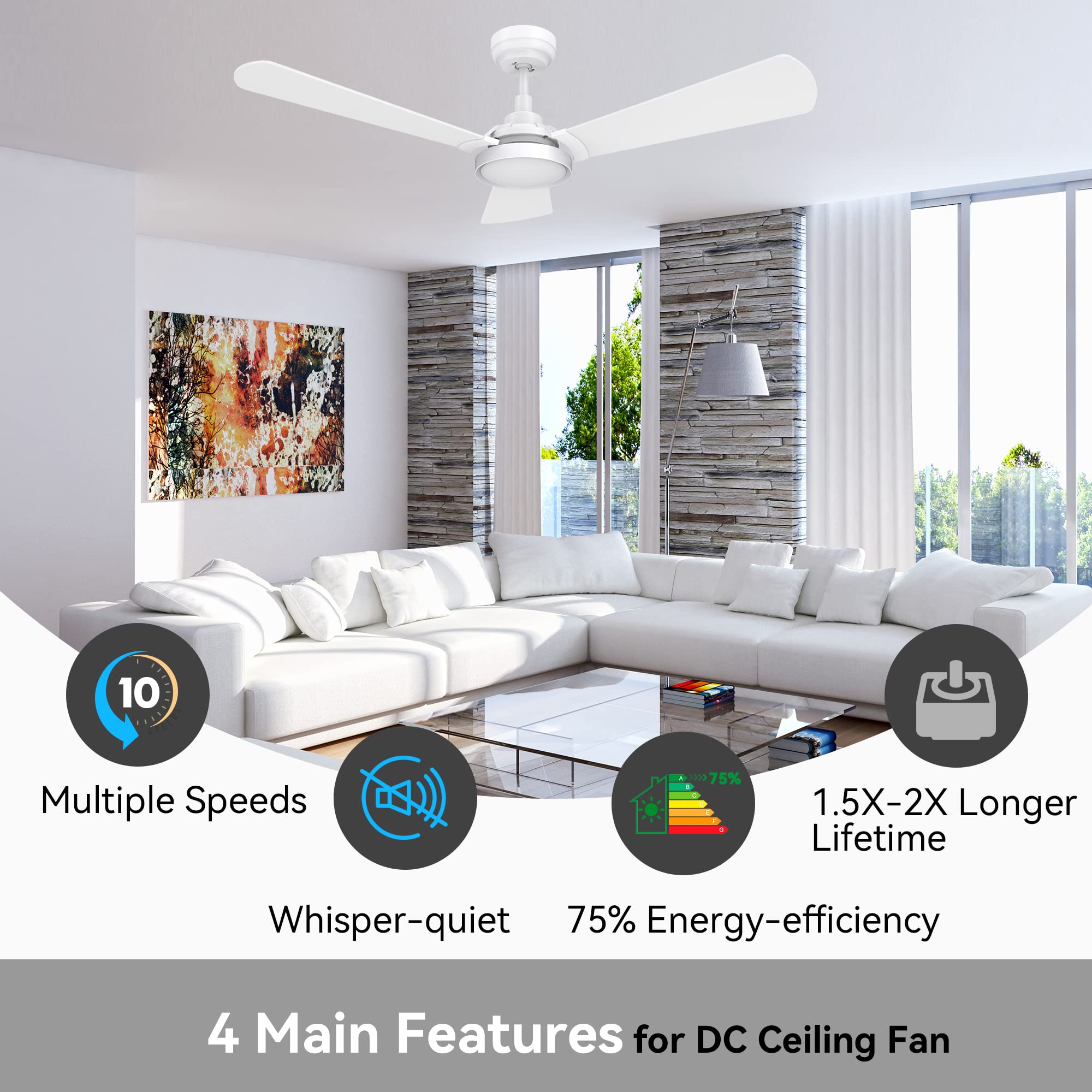SMAAIR 56-inch Modern Smart Ceiling Fan with Lights - Alexa & Remote Control, 3 Blade Wet Rated DC Motor - Creamy White - Perfect for Living Room, Bedroom & Dining Room - Indoor & Outdoor Use - Energy Efficient Quiet Operation