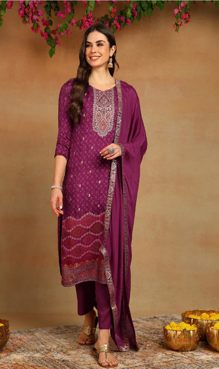 Purple Muslin Bandhani Woven Design Straight Trouser Suit Set for Women | Indian Ethnic Wear | Perfect for Festivals, Weddings & Special Occasions