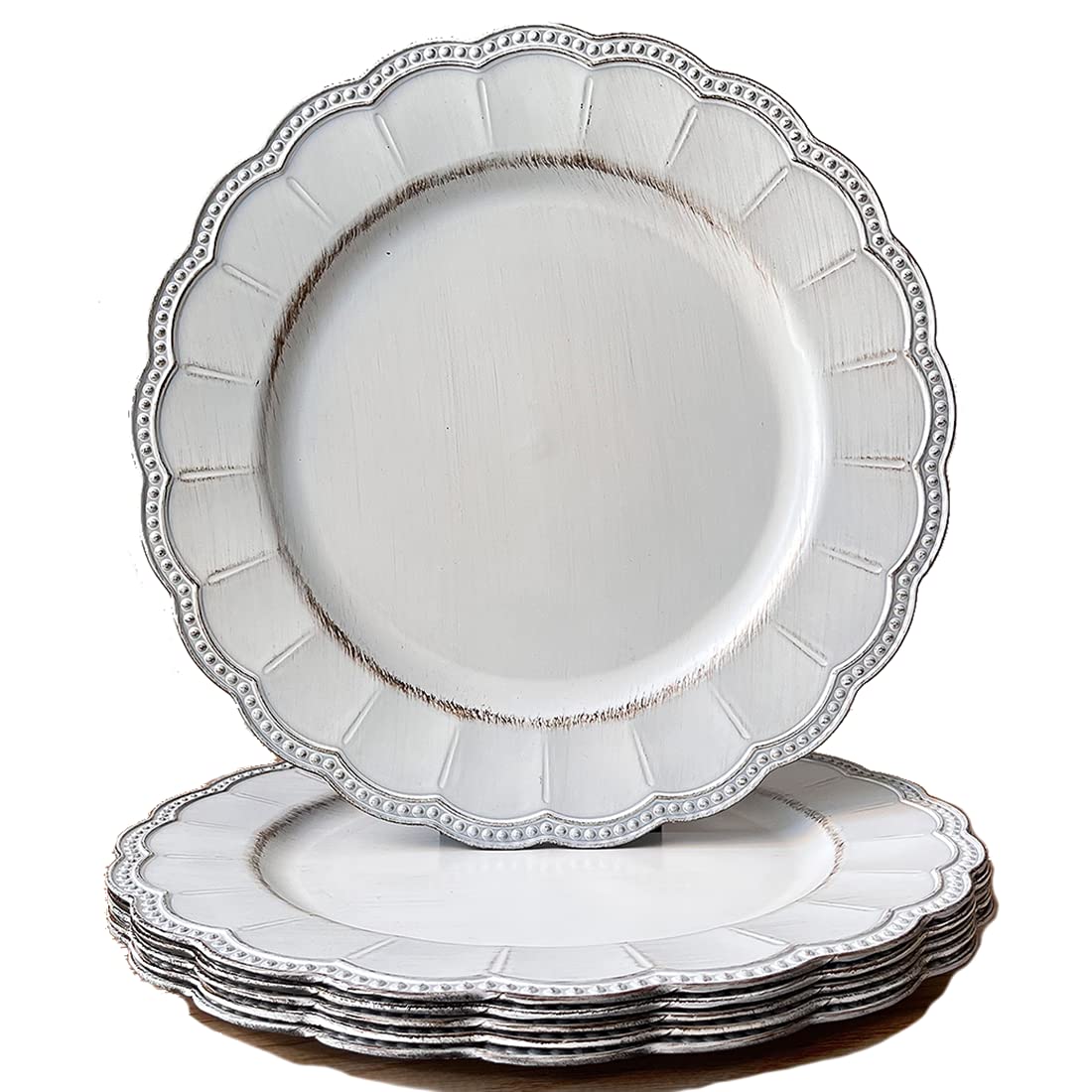 Antique White Charger Plates - 13 Inch Metallic Plastic Dinner Chargers with Beaded Rim for Dining, Weddings & Parties (6-Pack) - Elegant Table Decor for Holiday Gatherings, Bridal Showers & Formal Events
