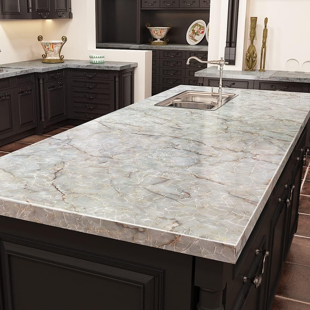 Livelynine Waterproof Marble Contact Paper - Peel and Stick Countertop Cover, Self-Adhesive Vinyl Wrap for Kitchen Countertops, Tables & Desks (15.8