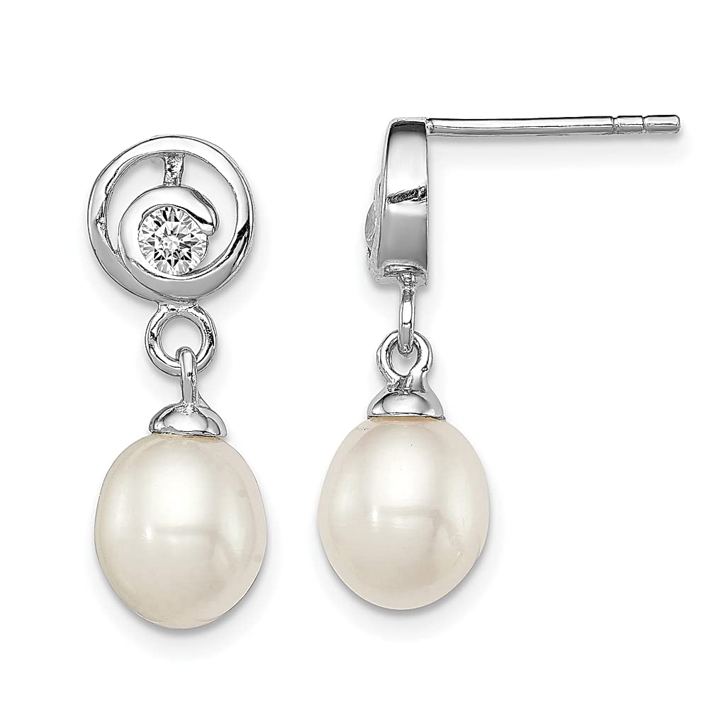 925 Sterling Silver Cubic Zirconia & Freshwater Pearl Drop Earrings - 7mm CZ White Pearl Dangle Jewelry for Women, Gift for Her, Perfect for Weddings, Parties & Special Occasions
