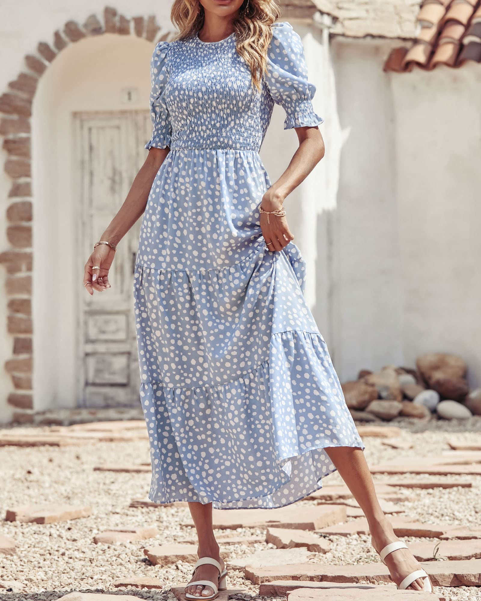 BTFBM Women's Casual Summer Floral Print Boho Maxi Dress - Crew Neck, Ruffle Short Sleeve, Smocked Waist, Flowy Design for Spring/Summer 2025 | Perfect for Beach Vacations, Date Nights & Boho Fashion Lovers