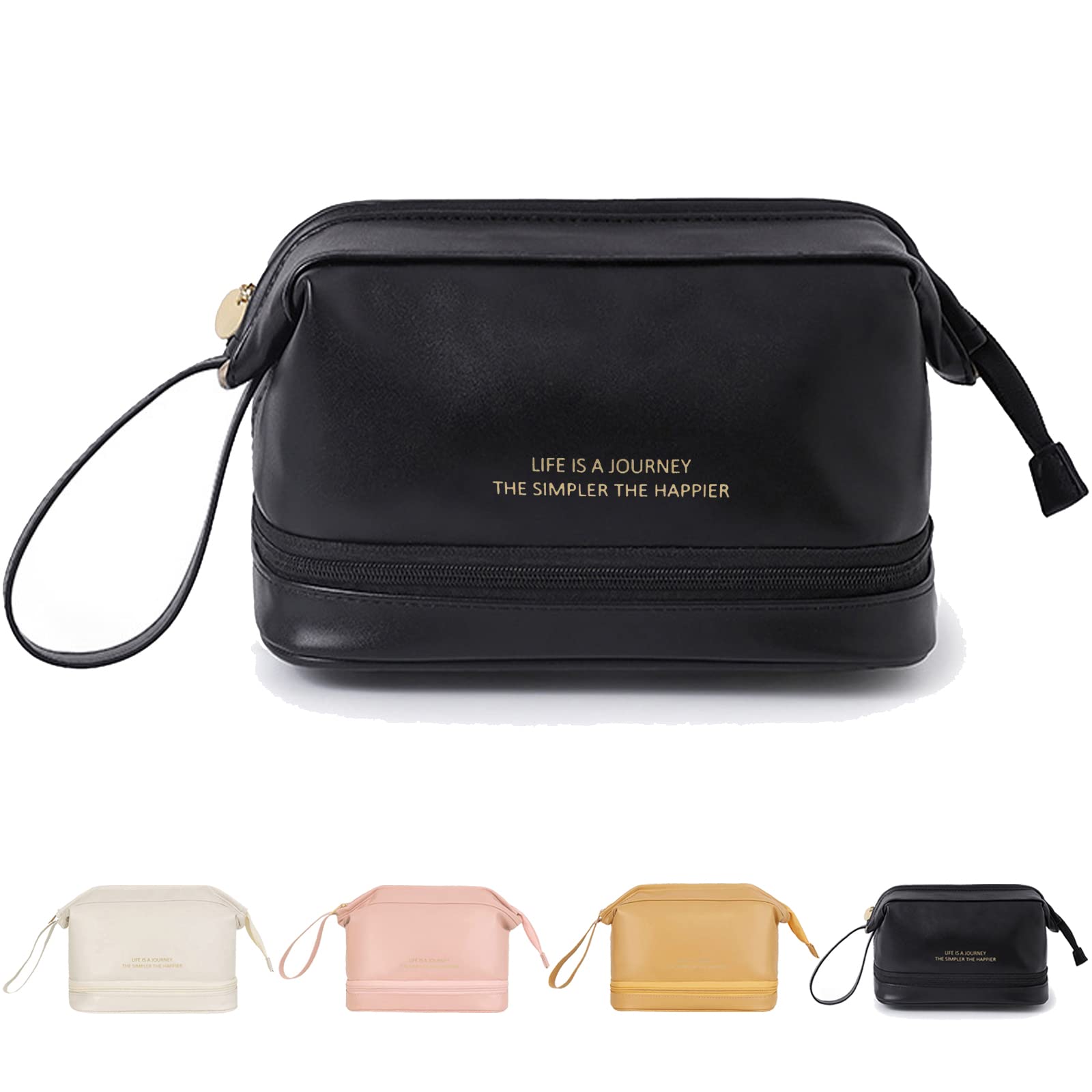 Premium Leather Cosmetic Travel Bag for Women - Double Layer Large Makeup Organizer with Waterproof Toiletry Compartment | Perfect for Vacation, Business Trips & Gym Essentials (Black)