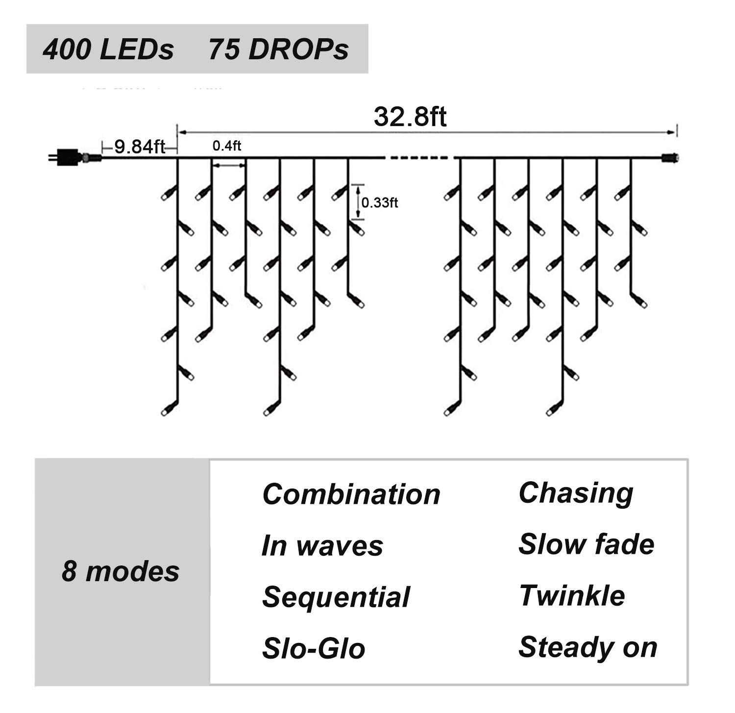 DEPOVOR 32.8ft 400 LED Icicle Curtain Lights - 8 Lighting Modes, Warm White Christmas String Lights for Indoor/Outdoor Use - Perfect for Xmas, Party, Wedding, Halloween, Thanksgiving & Easter Decorations - Create Magical Holiday Atmosphere for Home, Garden, Patio and Special Events