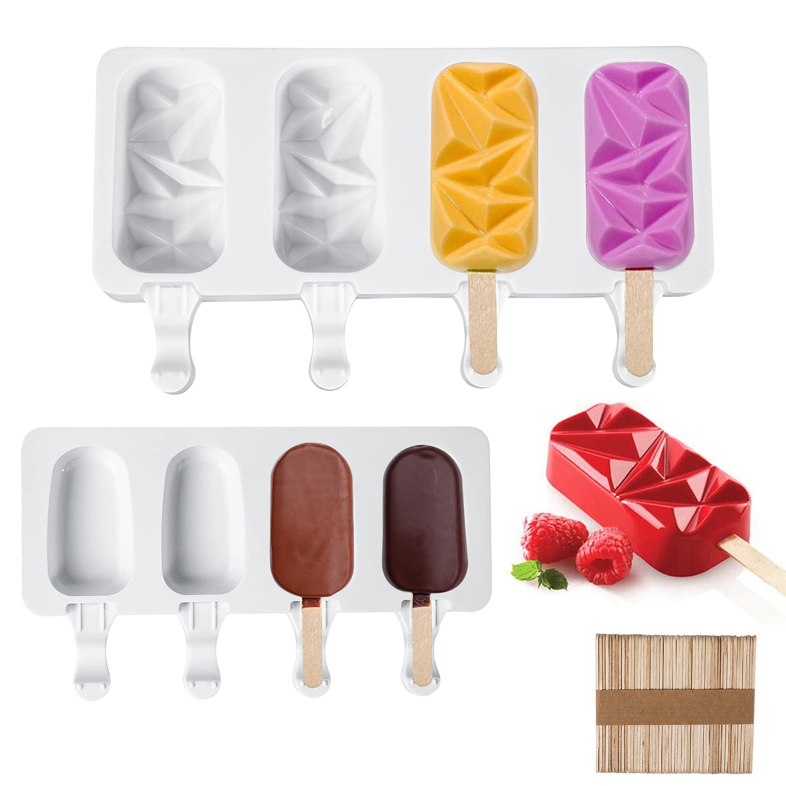 Homyplaza 2 Pack Silicone Popsicle Molds - 4 Cavity Ice Pop & Cake Pop Molds with 50 Wooden Sticks for DIY Homemade Popsicles (Diamond & Oval Shapes) - Perfect for Summer Treats, Kids Snacks, Birthday Parties and Family Fun