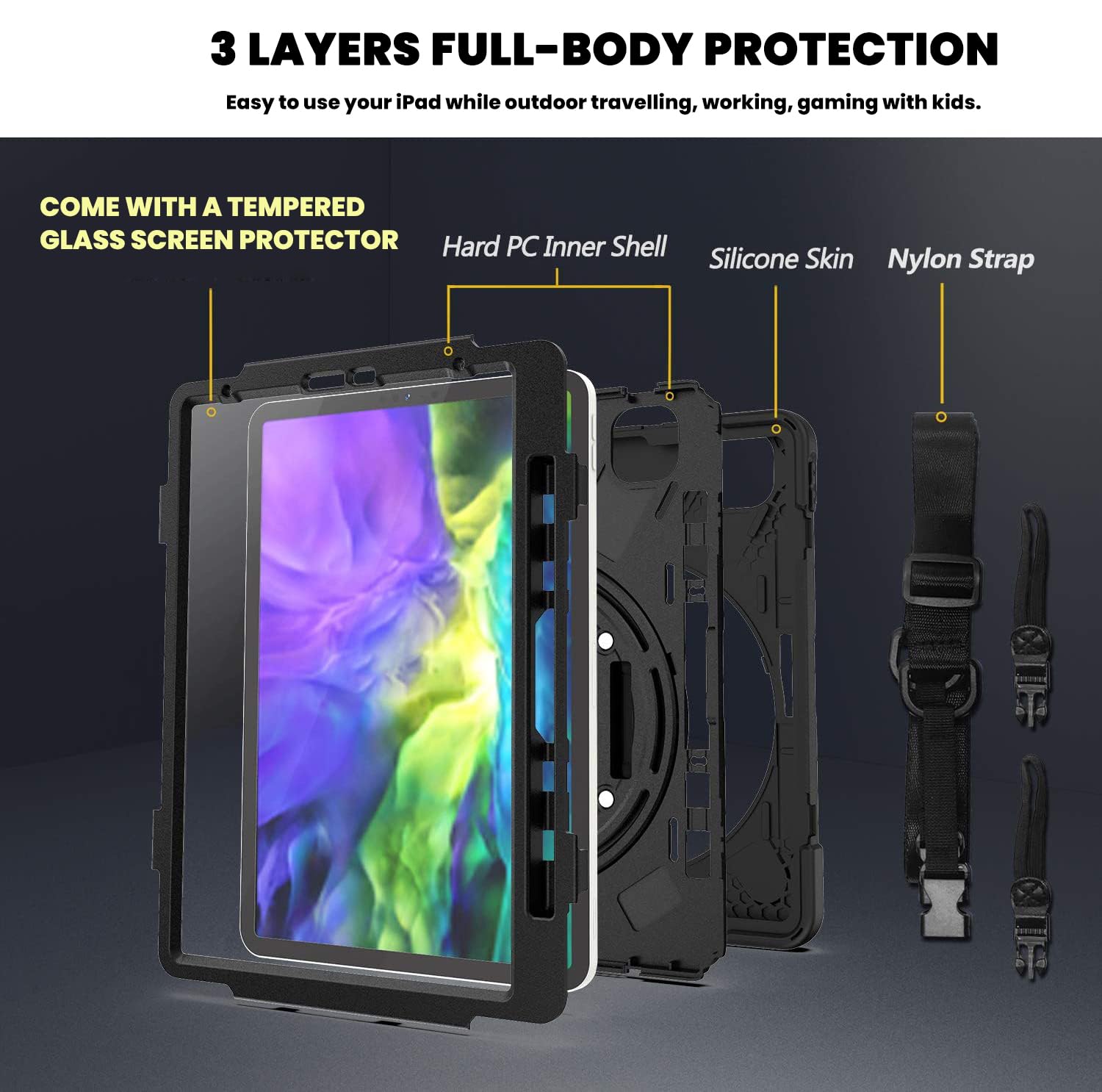 DreamerX iPad Pro 11 Case (2022/2021/2020/2018) & iPad Air 5/4 Case - Shockproof Rugged Protective Cover with Tempered Glass Screen Protector, Stand Handle & Adjustable Shoulder Strap | Perfect for Work, Travel & Outdoor Activities
