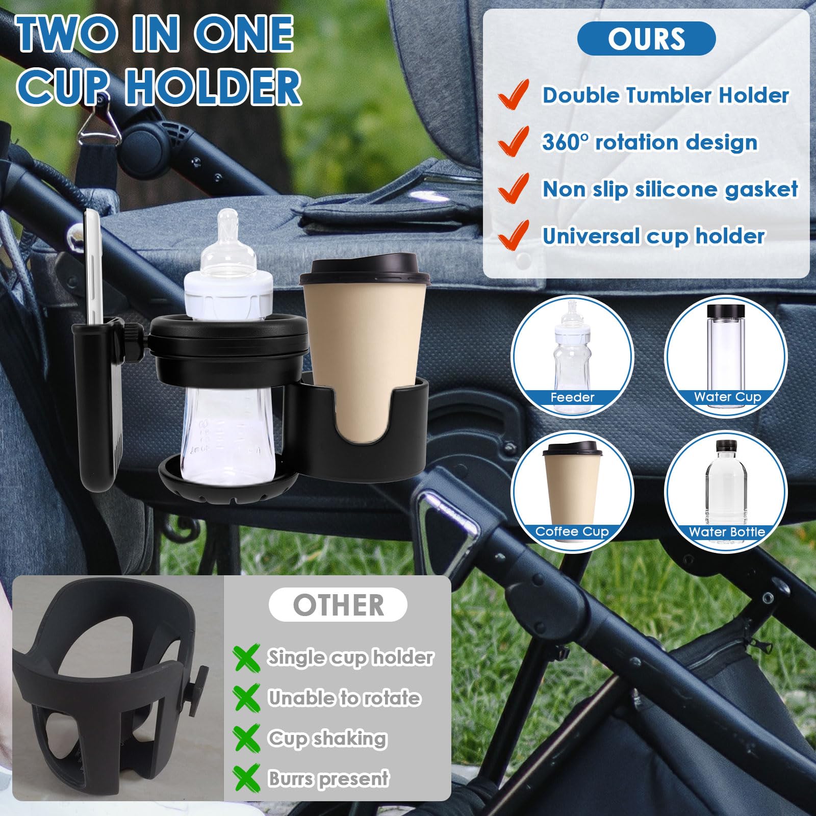 Universal Baby Stroller Cup Holder with Phone Pocket - Retractable, Non-Slip Stroller & Bike Drink Holder - Black Stroller Organizer Accessories for Parents On-The-Go (Perfect for Walks, Jogging & Shopping Trips)