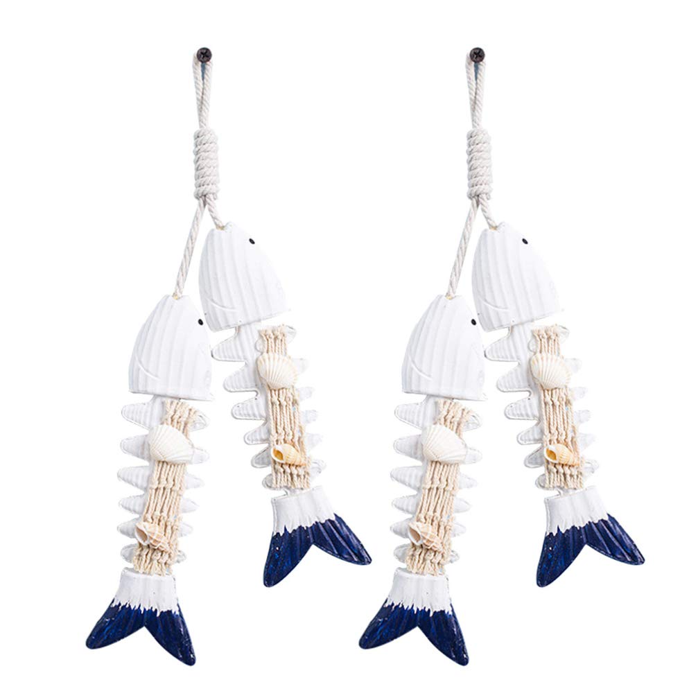 ULTNICE 2Pcs Wooden Fish Wall Decor - Rustic Nautical Fish Bone Pendant Hanging Ornament, Mediterranean Marine Style for Beach Theme Home, Cafe & Shop Decoration | Perfect for Coastal Living Rooms, Seaside Restaurants & Beach House Interiors