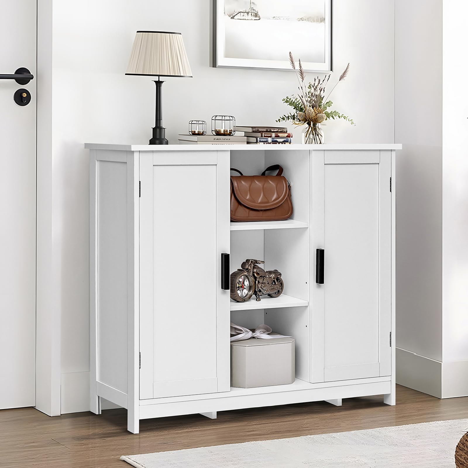 White Iwell 2-Door Storage Cabinet with 4 Adjustable Shelves - Modern Credenza Buffet Cabinet for Living Room, Bathroom, Entryway & Home Office - Perfect for Organizing Towels, Books & Home Decor