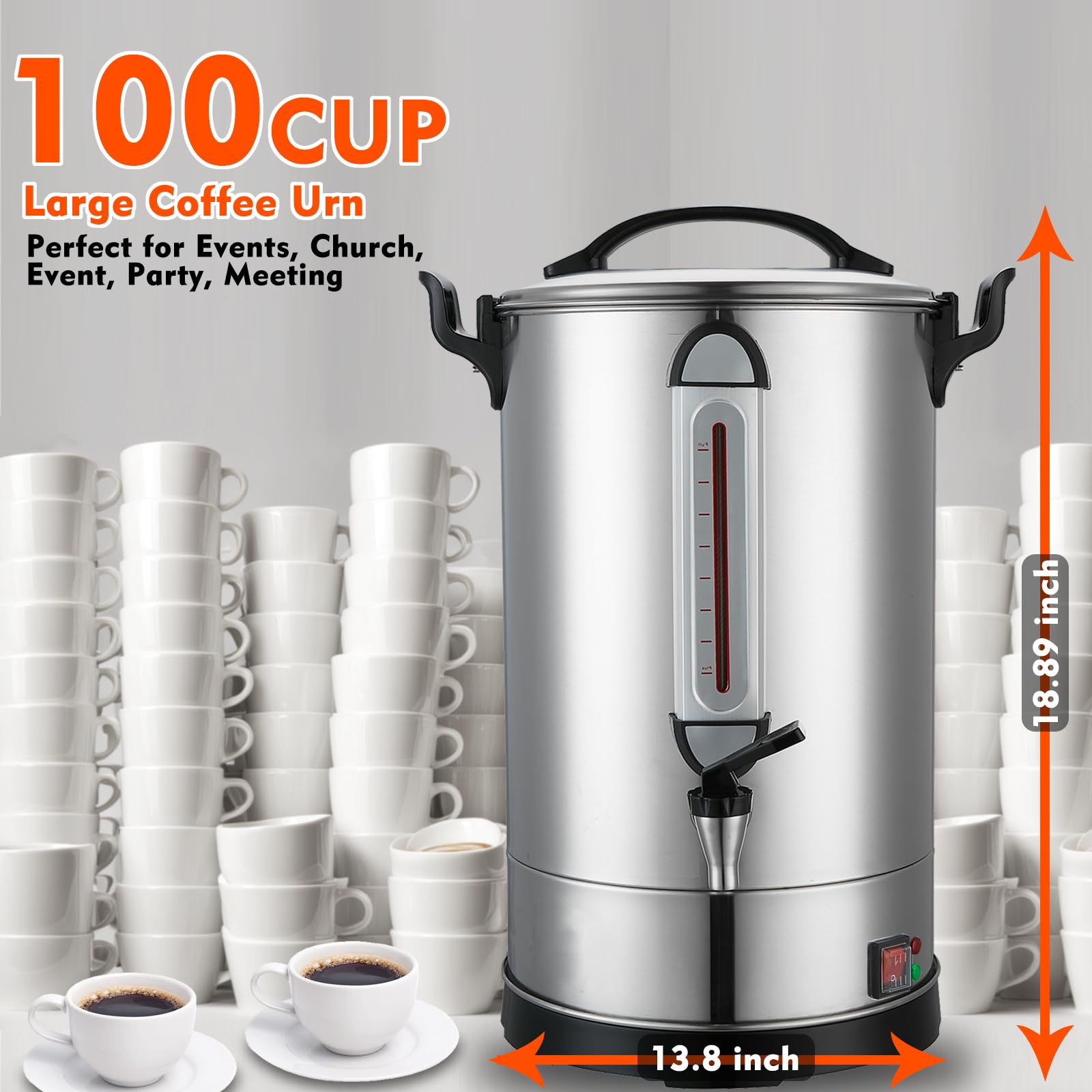 100 Cup Commercial Coffee Urn - Stainless Steel Industrial Hot Beverage Dispenser & Percolator - 1300W Catering Coffee Maker for Events, Parties, Restaurants & Large Gatherings - Perfect for Wedding Receptions, Office Meetings & Church Functions