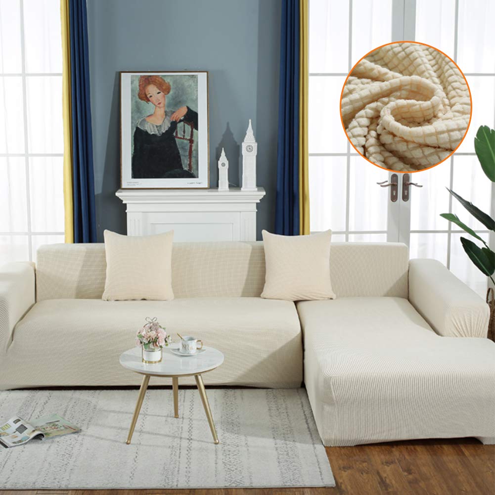 Luxury Stretch Velvet L-Shaped Sectional Sofa Cover - Anti-Slip 2 Piece Set with Straps for 3+3 Seaters, Thick Rich White Fabric - Perfect for Living Room, Family Room & Home Theater Furniture Protection