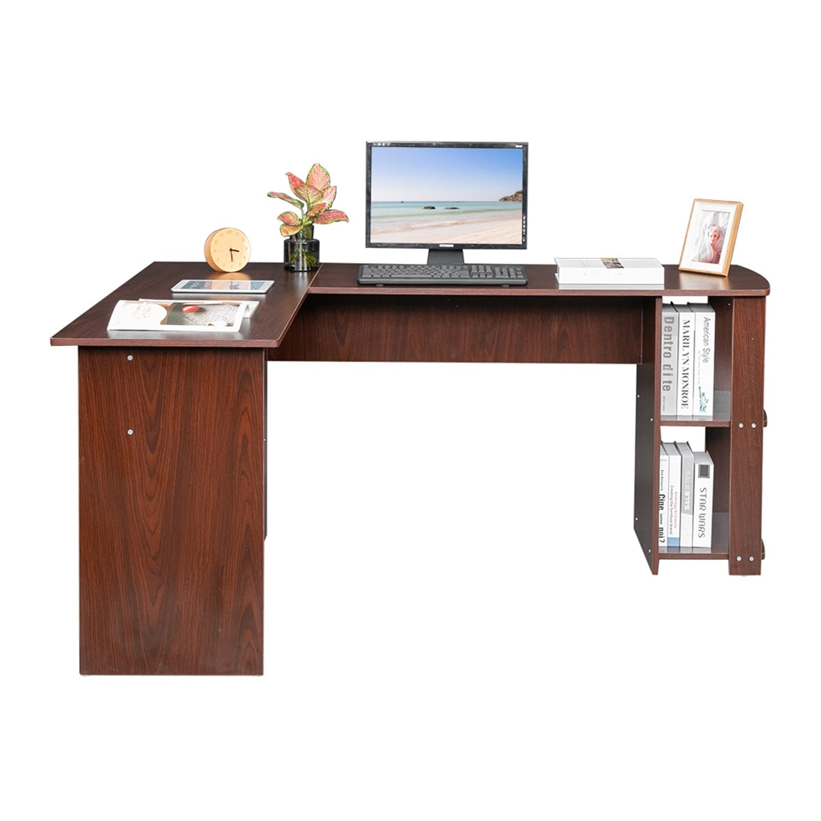 TOMYEUS L-Shaped Wood Computer Desk with 2-Tier Bookshelves - Corner Writing Workstation, Home Office Desk for PC & Laptop - Perfect for Small Spaces, Gaming & Remote Work