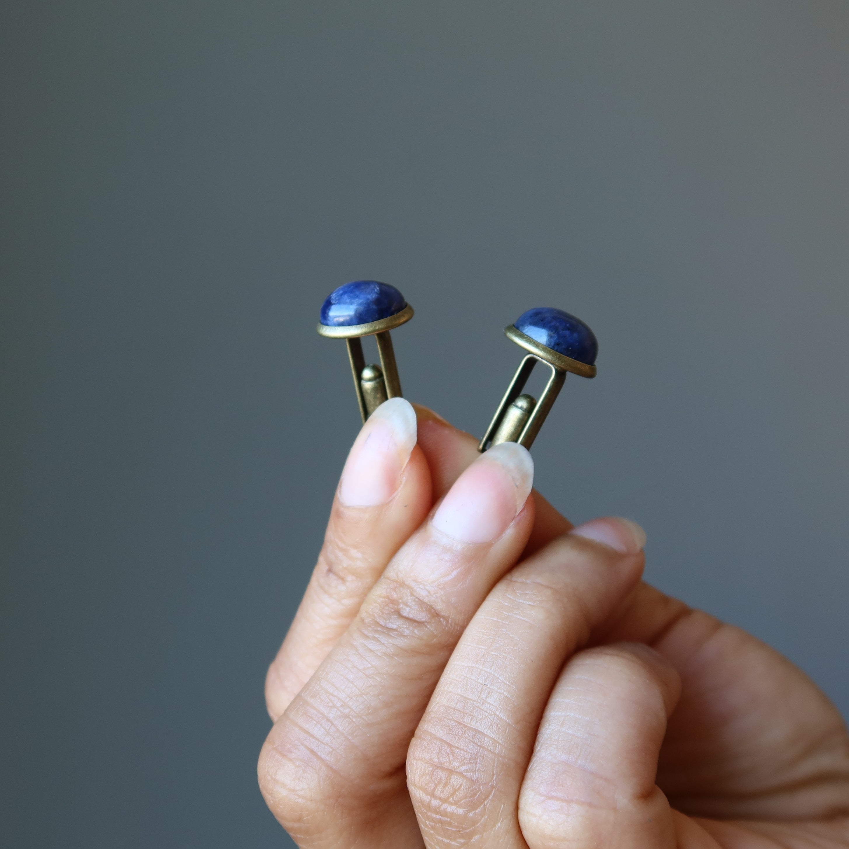 Antiqued Bronze Sodalite Cufflinks for Men - Elegant Blue Stone Dress Shirt Accessories for Weddings & Formal Events
