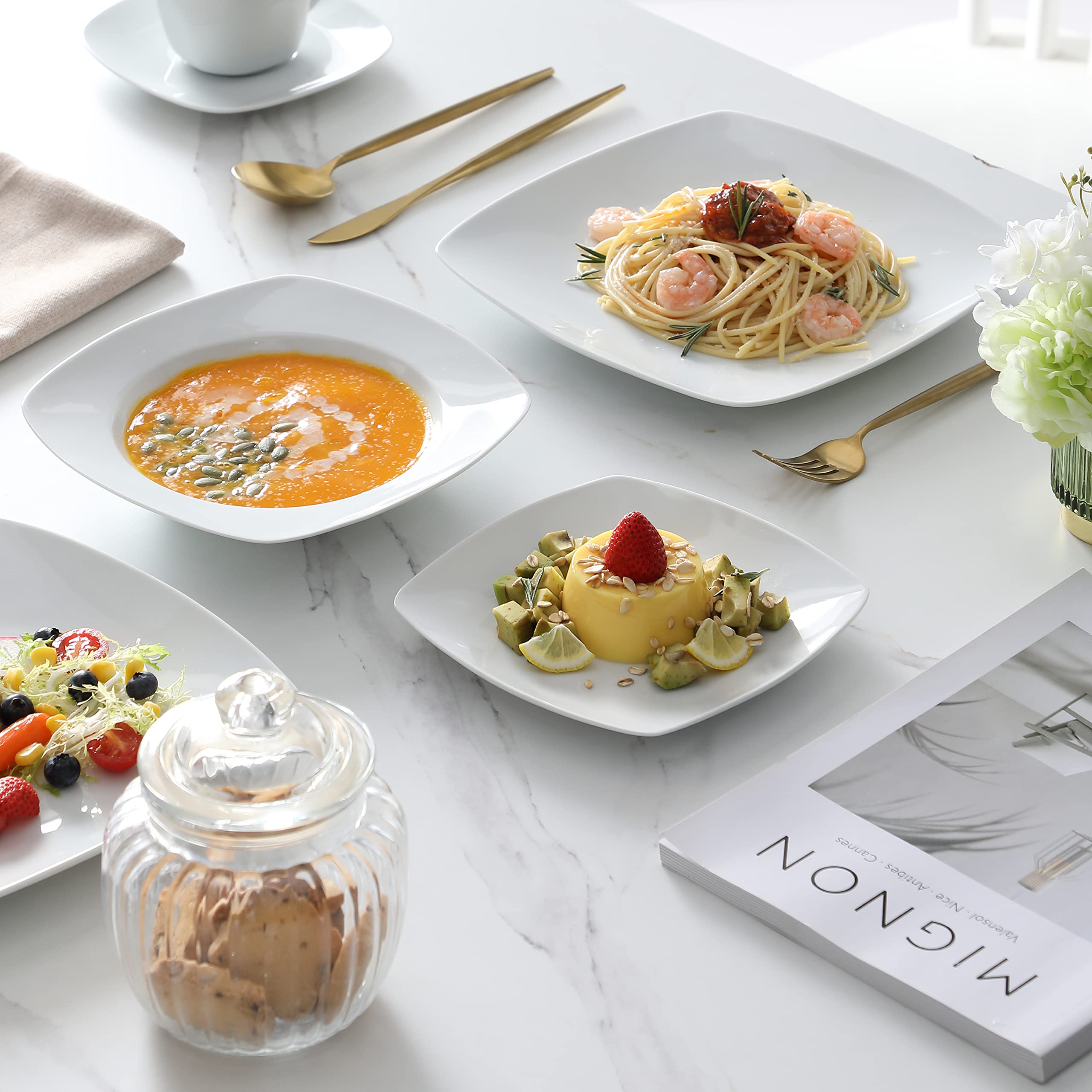 MALACASA 60-Piece Porcelain Dinnerware Set for 12 - Square Plates, Bowls, Cups & Saucers in Modern Gray White | Julia Series | Perfect for Family Dinners, Restaurants & Entertaining Guests