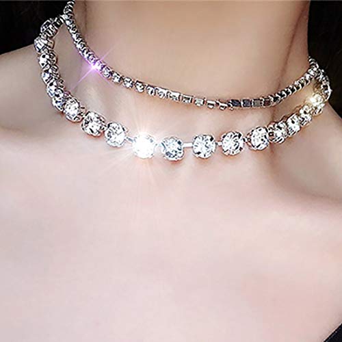 ELABETS Fashion Rhinestone Layered Choker Necklace - Silver Sparkly Crystal Multilayer Neck Jewelry for Women & Girls | Perfect for Parties, Weddings & Date Nights
