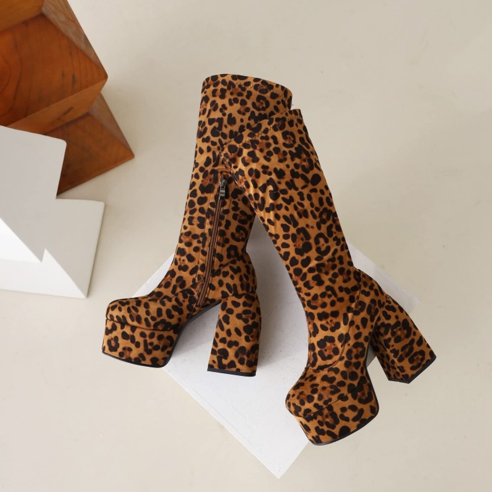 Hoxekle Women's Fashion Knee High Suede Boots - Leopard Print, Side Zipper, Square Toe, Thick Platform - Perfect for Nightclub, Party & Winter Outfits