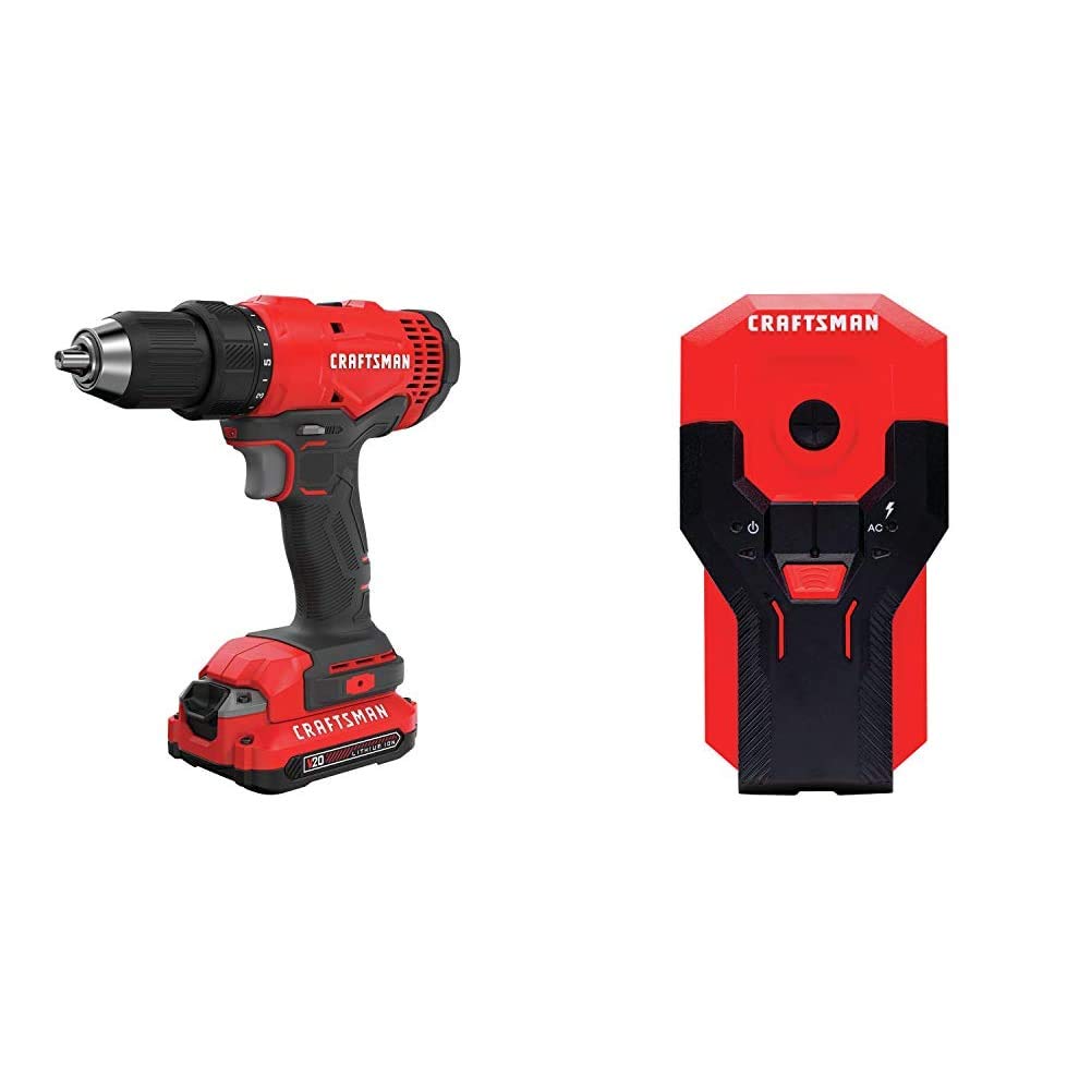 CRAFTSMAN V20 Cordless Drill/Driver Kit (CMCD701C2) with Stud Finder & AC Detection - 20V Lithium-Ion Battery, 1-1/2 Inch Depth - Perfect for DIY Home Improvement, Woodworking, and Construction Projects