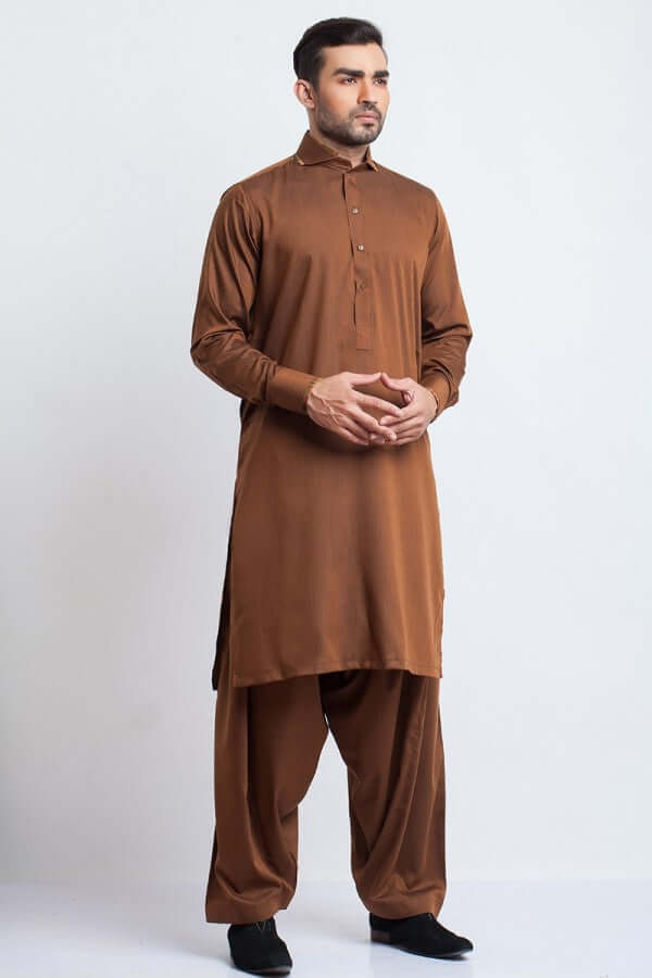 Classic Brown Cotton Shalwar Kameez with Contrasting Collar Detail | Traditional Pakistani Outfit for Men | Perfect for Eid, Weddings & Special Occasions