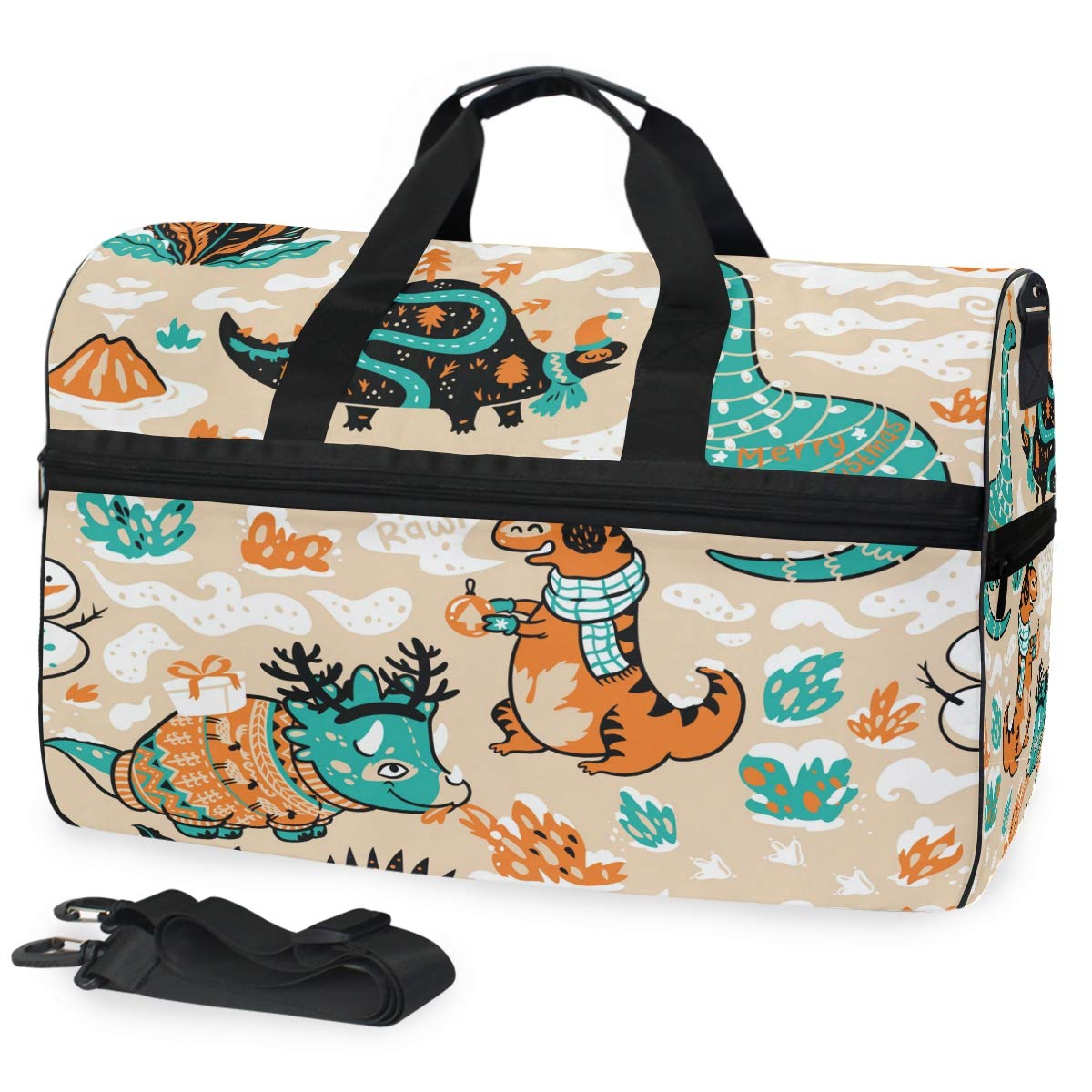 ALAZA Dinosaur Print Gym Duffel Bag - Green & Orange Sports Travel Bag with Shoe Compartment for Men & Women | Perfect for Workouts, Travel & Weekend Getaways