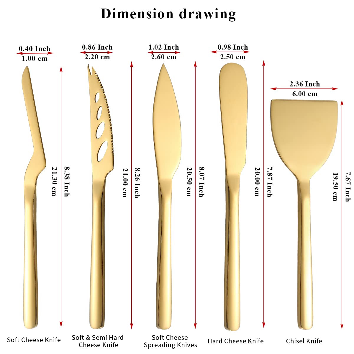 Premium 5-Piece Gold Cheese Knife Set - Titanium Plated Cheese Slicer & Butter Spreader - Ergonomic Handle for Comfortable Cutting - Perfect for Cheese Boards, Charcuterie & Dinner Parties