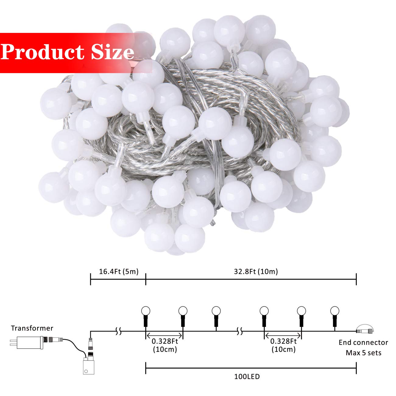 100 LED 49 FT Globe Ball String Lights with Remote - 8 Lighting Modes, Extendable Fairy Lights for Indoor & Outdoor Decor - Perfect for Weddings, Birthdays, Christmas Trees, Garden Parties and Home Ambiance (Warm White)