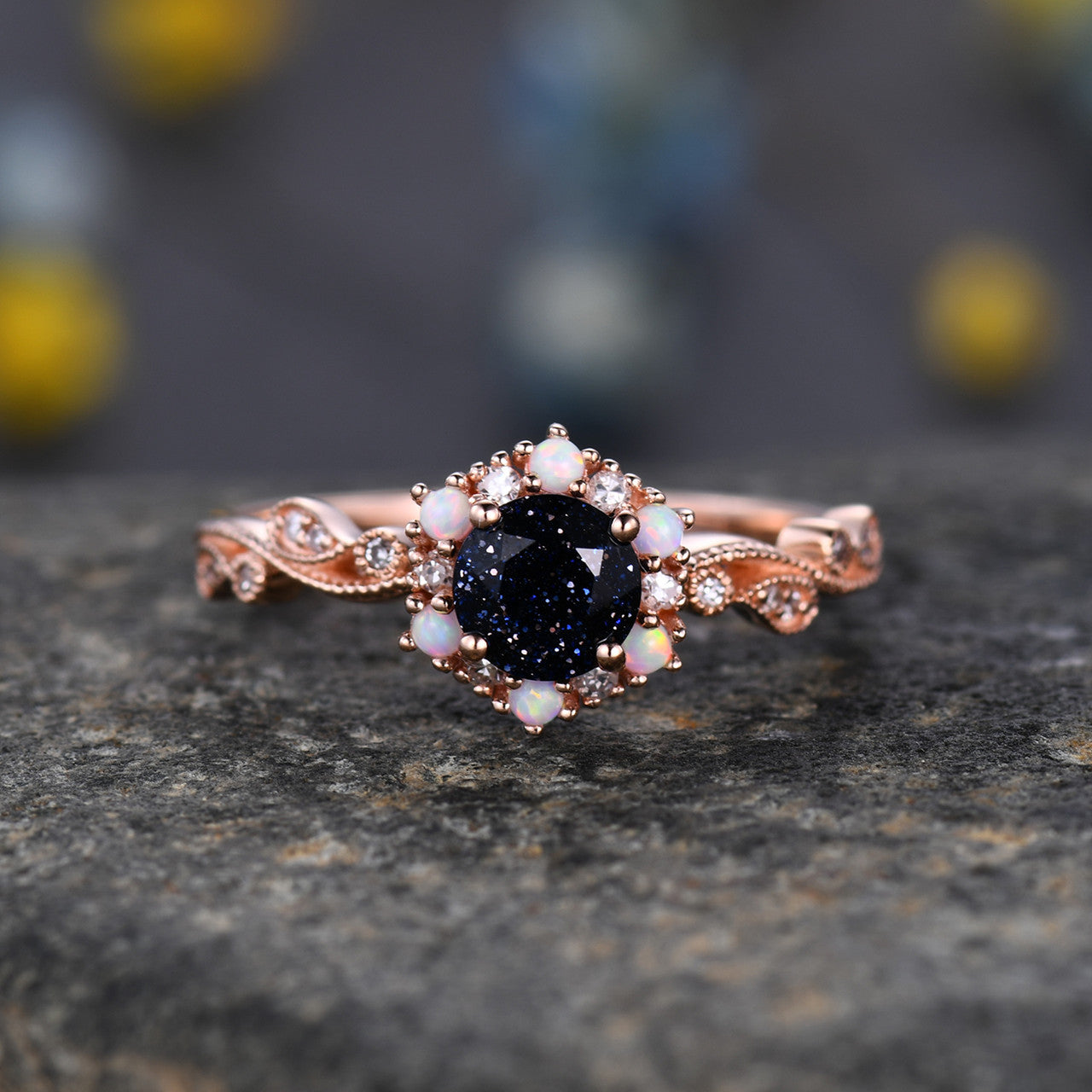 Rose Gold 5mm Round Cut Blue Sandstone Wedding Ring with White Opal & Diamond Halo - Vintage Diamond Leaf Band for Women - Perfect for Engagement, Anniversary & Special Occasions