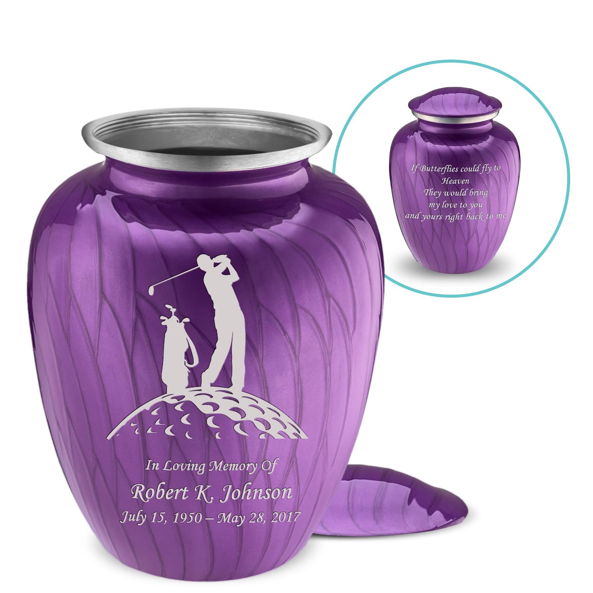 Personalized Golf Cremation Urns for Adults - Large Pearl Purple Funeral Urn for Men & Women with Double-Side Engraving (Holds 200 lbs) | Memorial Keepsake for Golf Lovers, Perfect for Home Display or Cemetery Placement
