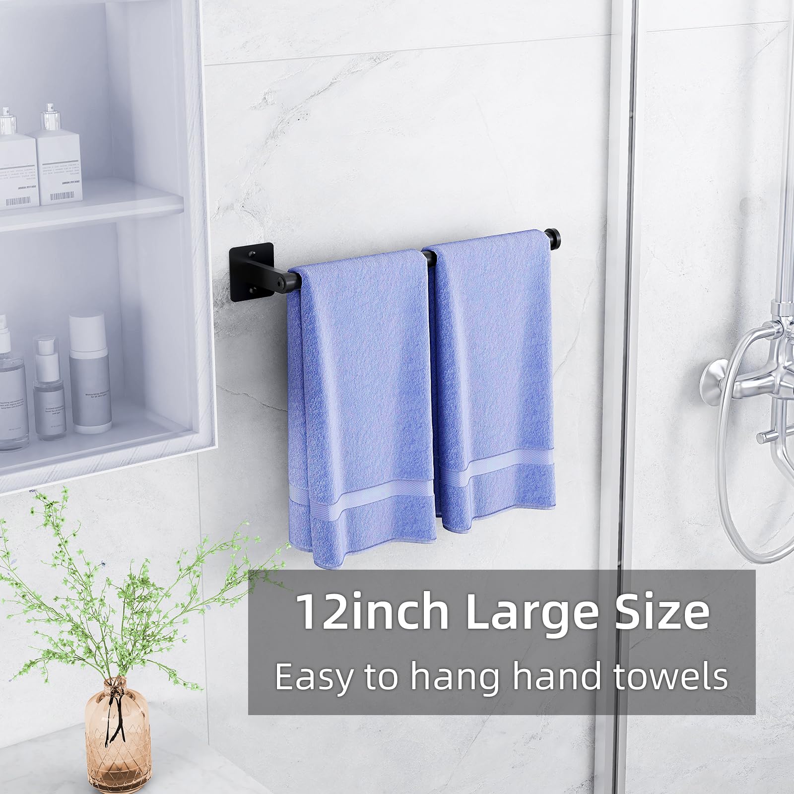 12 Inch Stainless Steel Towel Ring Holder - Heavy Duty Matte Black Wall Mounted Bathroom Towel Bar for Hand & Kitchen Towels - Modern Home Decor Organizer for Bathroom, Kitchen & Laundry Room