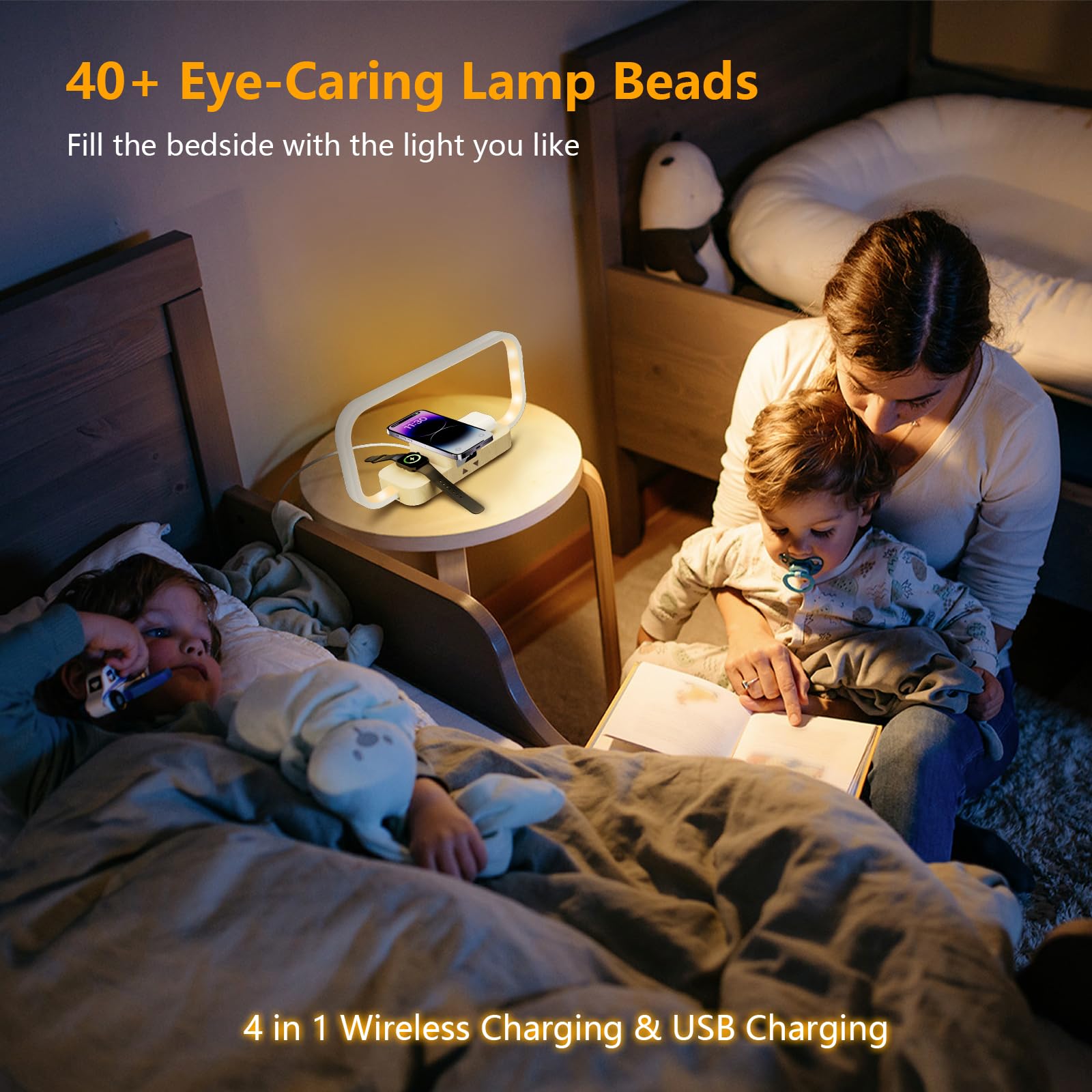 Wireless Charging Bedside Lamp with Stepless Dimming & 5 Color Modes - 3-in-1 Charging Station for iPhone, AirPods & Apple Watch | Touch Control Nightstand Lamp for Bedroom, Living Room & Office