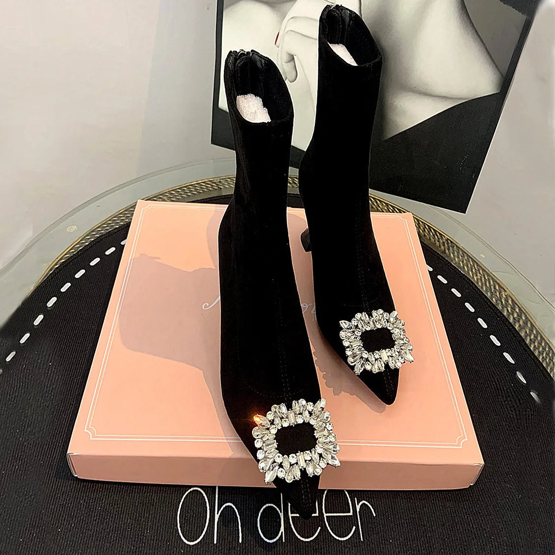 Stylish Women's Ankle Boots - Pointed Toe High Heel Rhinestone Flock Boots for Spring & Autumn | Fashionable Dress Shoes for Work, Party & Evening Out