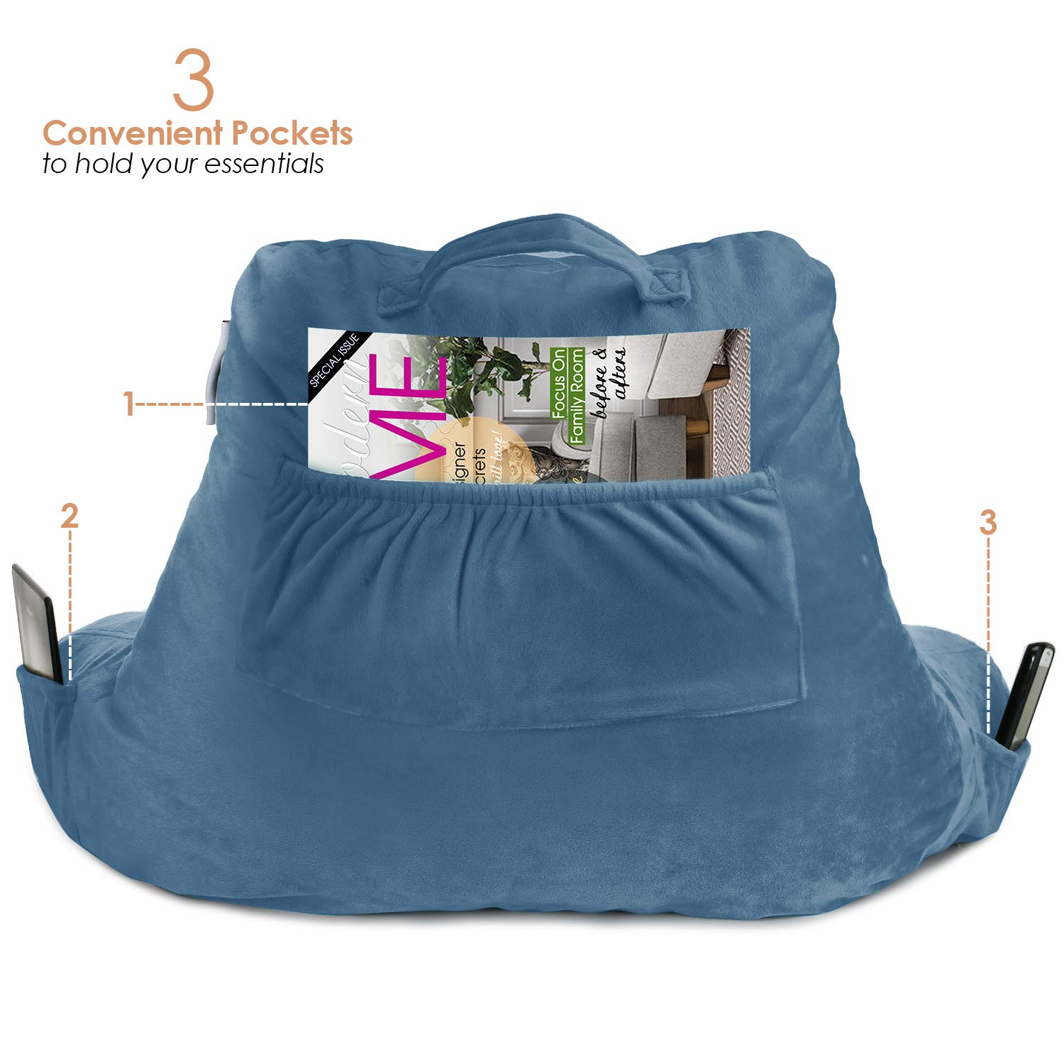 Shredded Memory Foam Reading Pillow for Bed - Blue Heaven Back Support Pillow with Pockets, Perfect for Sitting in Bed, Reading, Watching TV & Relaxing
