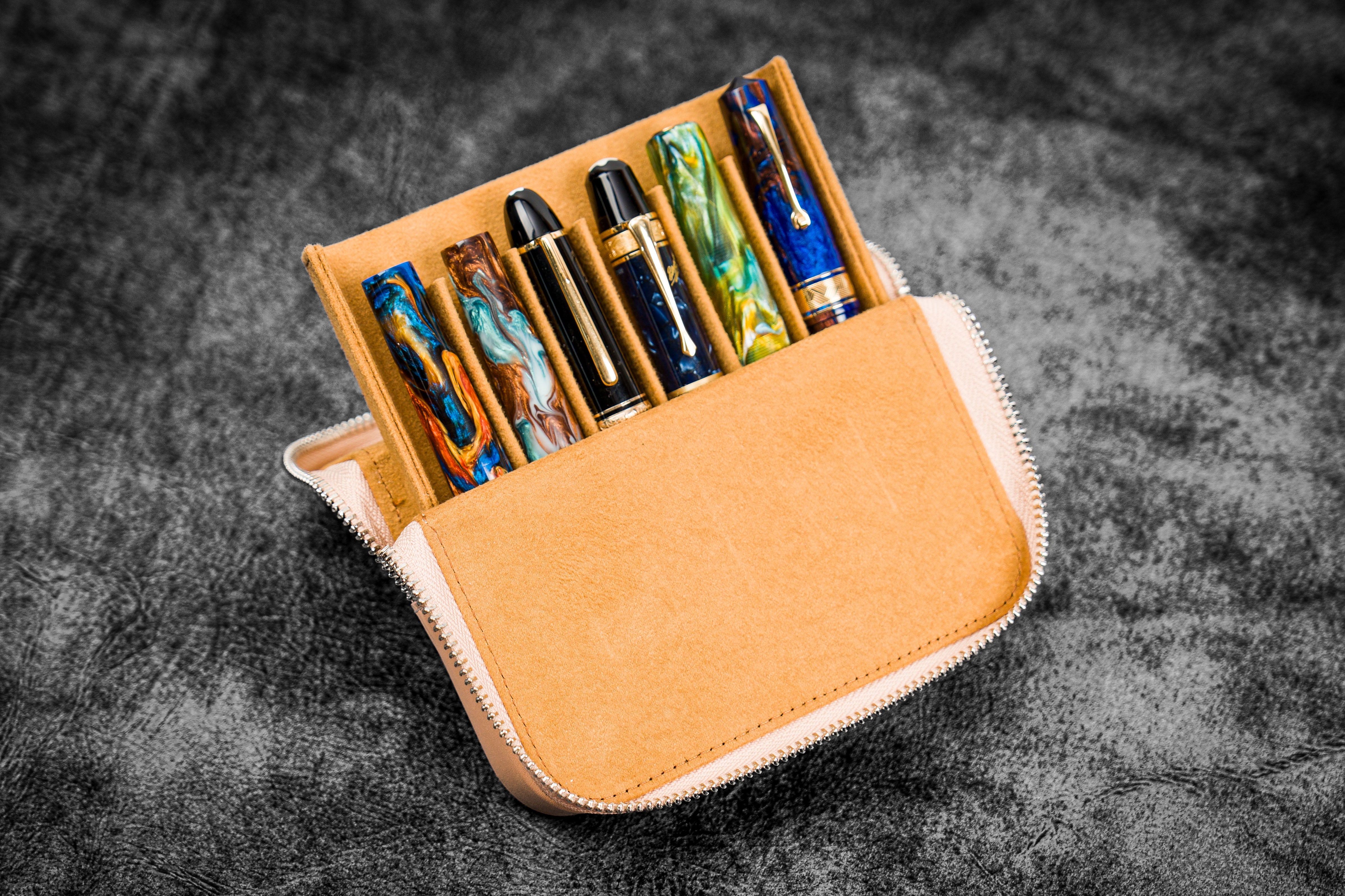 Premium Undyed Leather Magnum Opus 6-Slot Zippered Hard Pen Case with Removable Tray - Perfect for Fountain Pens, Calligraphy & Artist Brush Storage - Great Gift for Writers & Professionals
