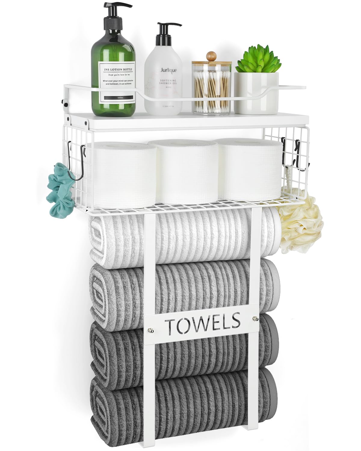 Wall Mounted Bathroom Towel Rack Set - White Wood Vertical Towel Holder & Rolled Towel Shelf Organizer for Small Bathroom Storage | Space-Saving Above Toilet Decor & Bathroom Wall Organization