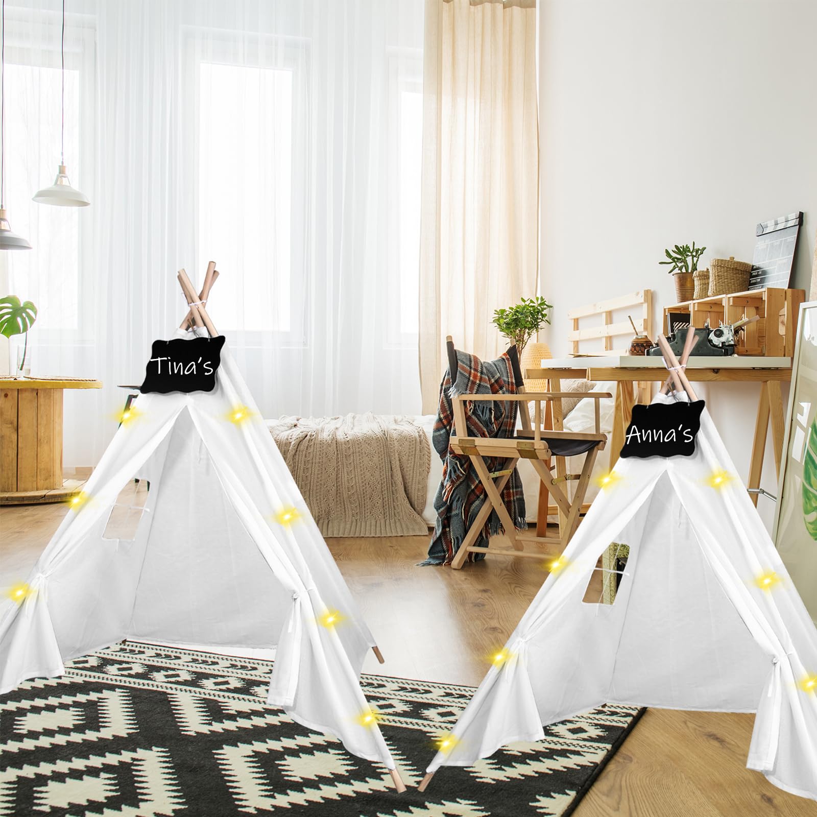 12-Piece Teepee Tent Set with Chalkboard & 10FT String Lights - Foldable Indoor/Outdoor Play Tent for Kids, Girls & Boys - Perfect for Birthday Parties, Boho Sleepovers & Nursery Decor (White)