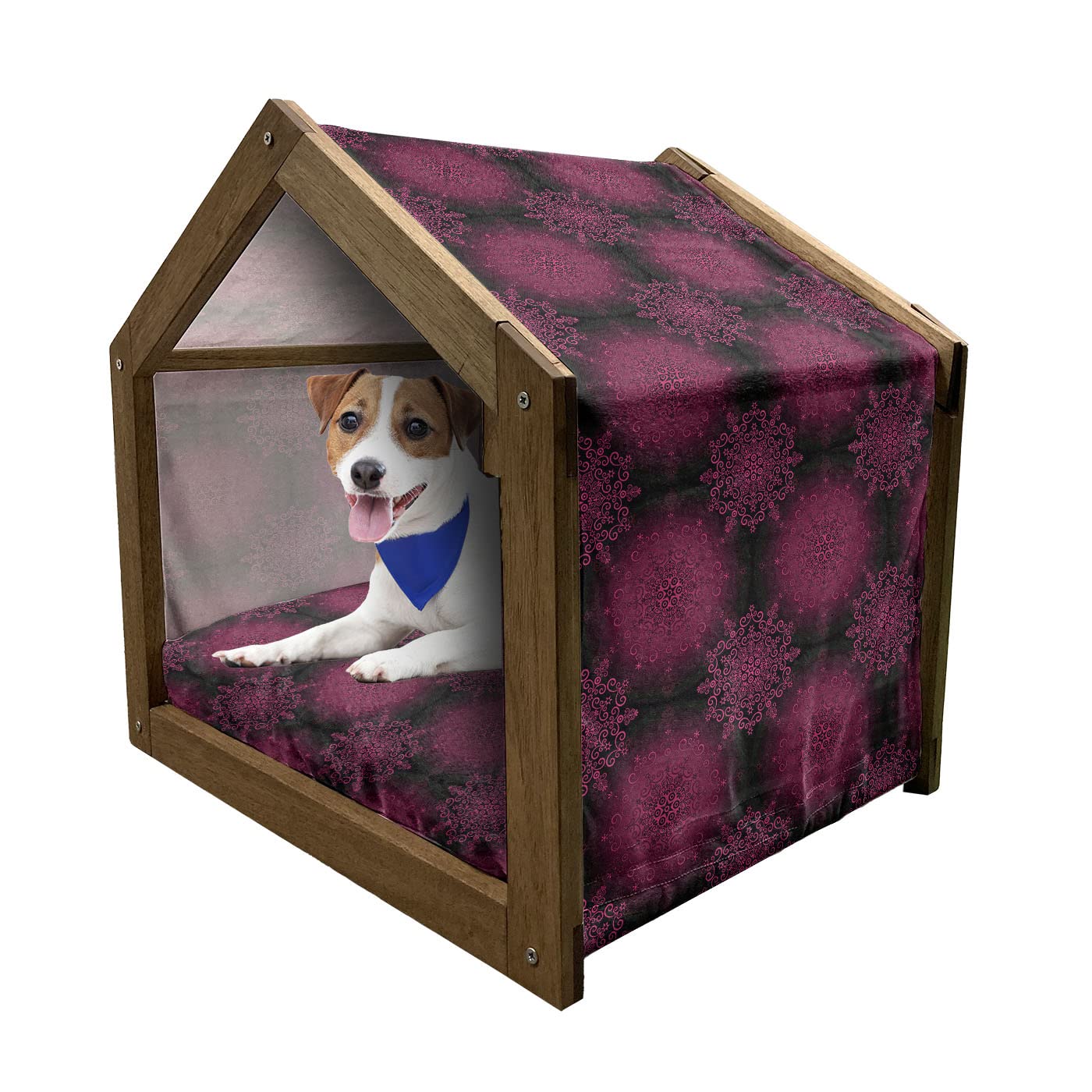 Ambesonne Purple Mandala Wooden Pet House - Psychedelic Digital Baroque Rococo Indie Design Indoor/Outdoor Dog Kennel with Pillow & Cover - Medium Size Maroon Magenta - Perfect for Home, Garden & Travel Use