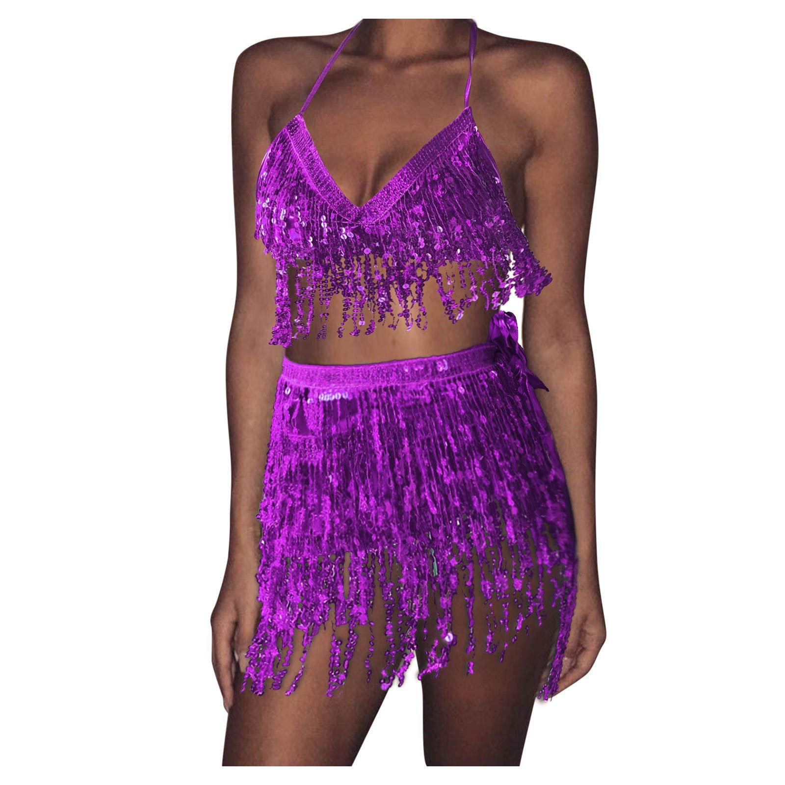 Women's Sequin Mini Skirt & Vest Set with Tassels - Belly Dance Club Party Wrap Costume for Summer Night Out & Festival Outfits