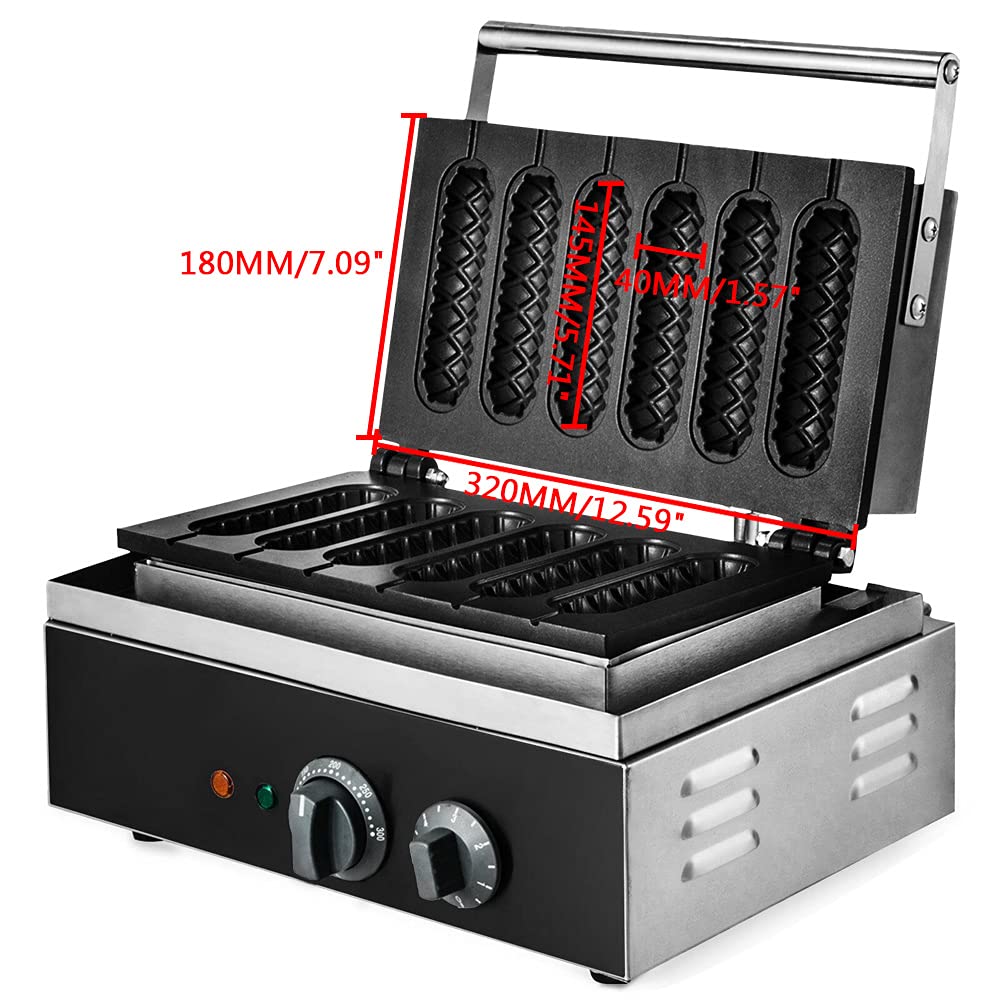 Eapmic 1500W Commercial Hot Dog Waffle Maker Machine - 6 Grids Stainless Steel Non-Stick Pan - Professional Breakfast Sandwich Maker for Restaurants, Cafes & Food Trucks - Perfect for Hot Dogs, Waffles & Sandwiches