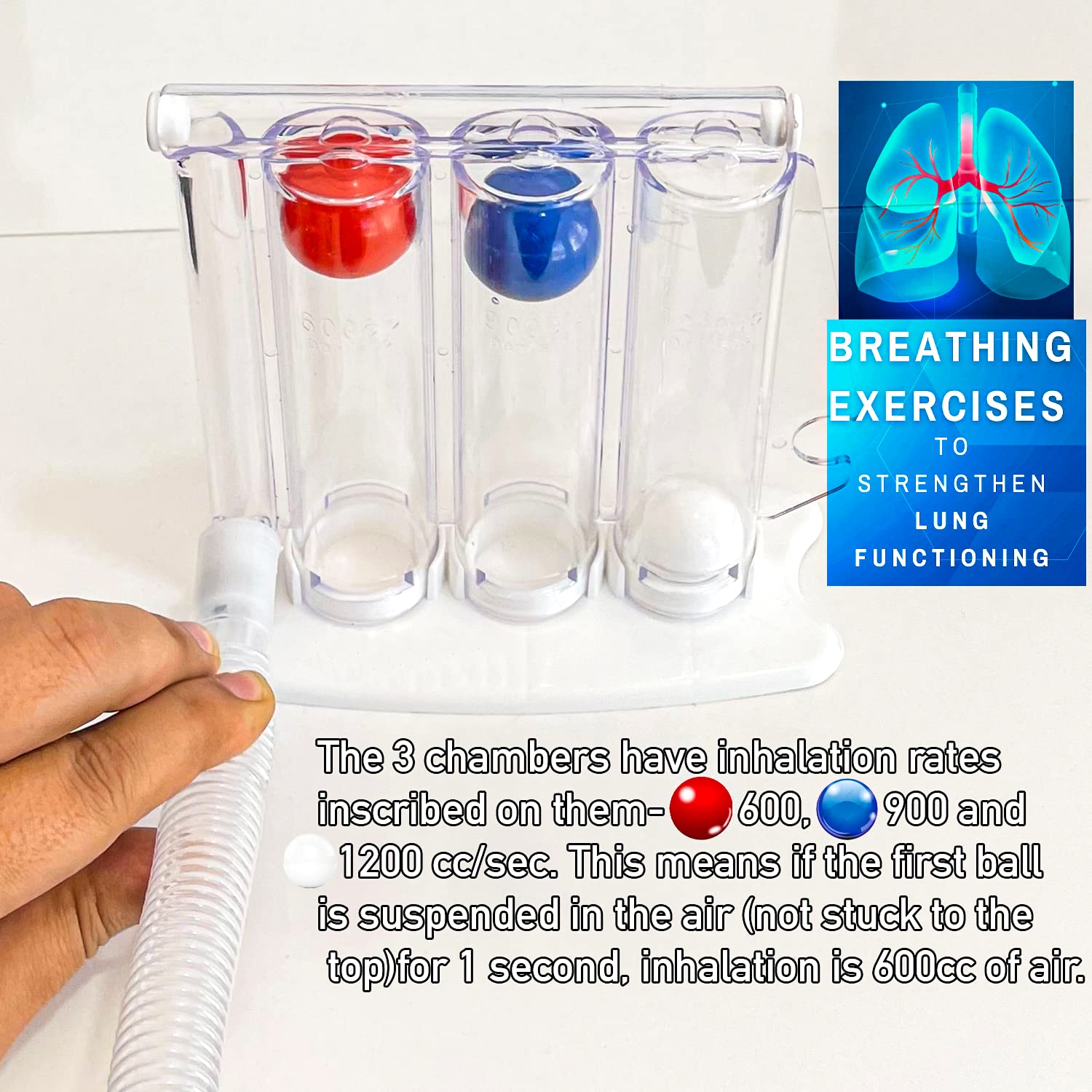 Deep Breathing Exercise Device for Lung Capacity - Portable Respiratory Trainer with Mouthpiece - Improve Breathing & Lung Health - Perfect for COPD, Asthma, Yoga & Meditation
