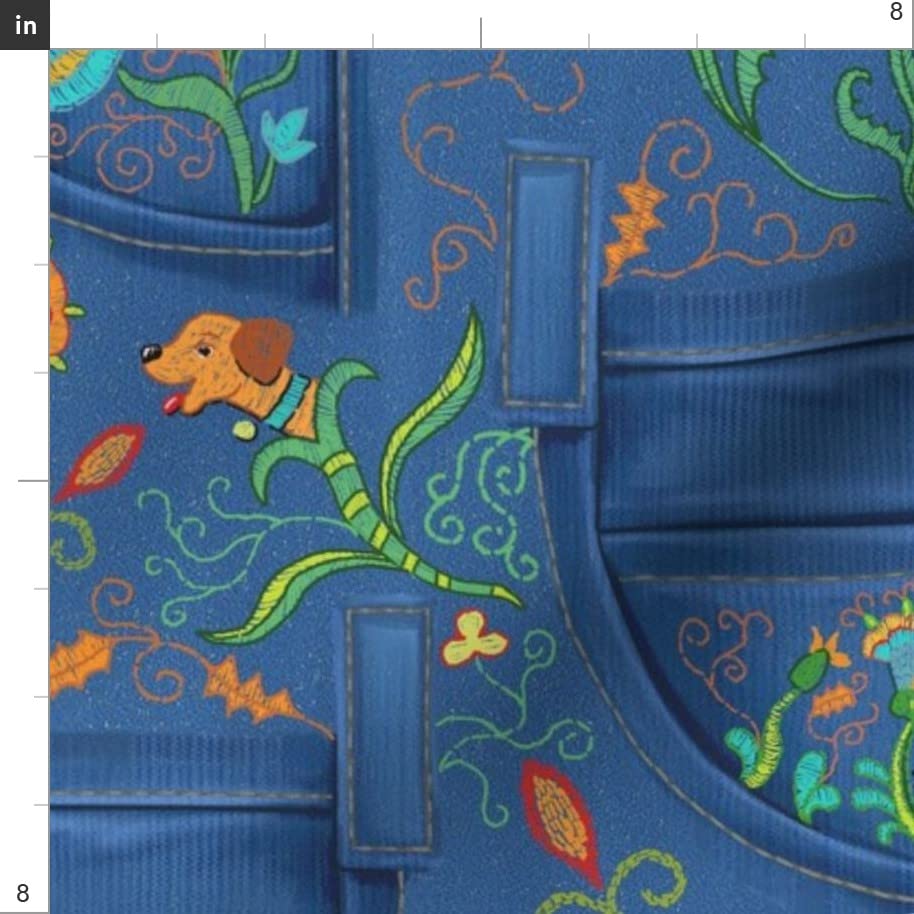 Denim Red Orange Turquoise Fabric - Fat Quarter for Sewing & Decor
