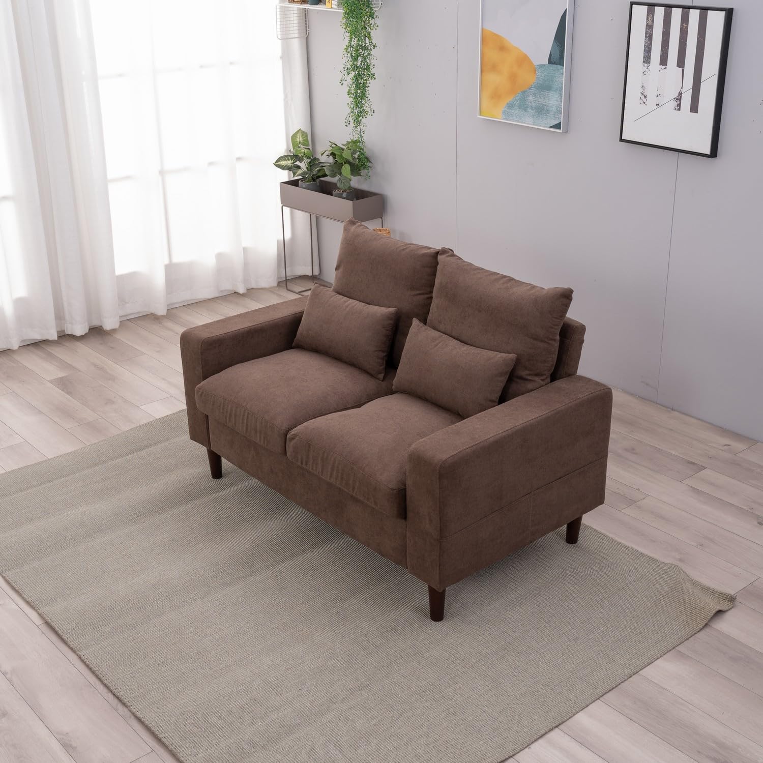 Modern 2-Seater Fabric Sofa for Small Spaces - Upholstered Brown Couch for Living Room, Dorm, Apartment | Compact & Comfortable for Lounge, TV Watching, Reading Nook