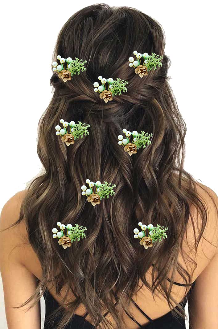 8 Pack Golden Artificial Rose Flower Hair Pins with Mogra - Bridal Wedding Hair Accessories for Women & Girls - Perfect for Weddings, Parties & Special Occasions